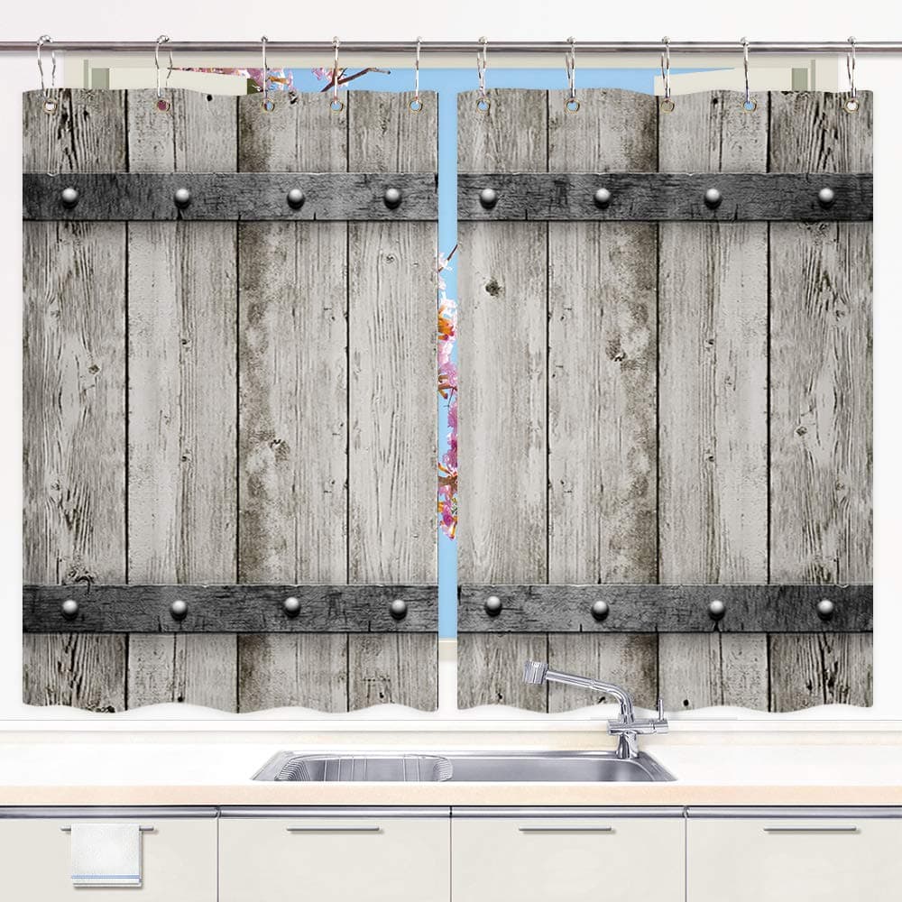 DYNH Rustic Barn Door Kitchen Curtain Wooden, Wood with Metal Texture Western Country Theme House Decor Window Curtain Panels, Waterproof Kitchen Curtains Drapes 10PCS Hooks 55X39 in Valance