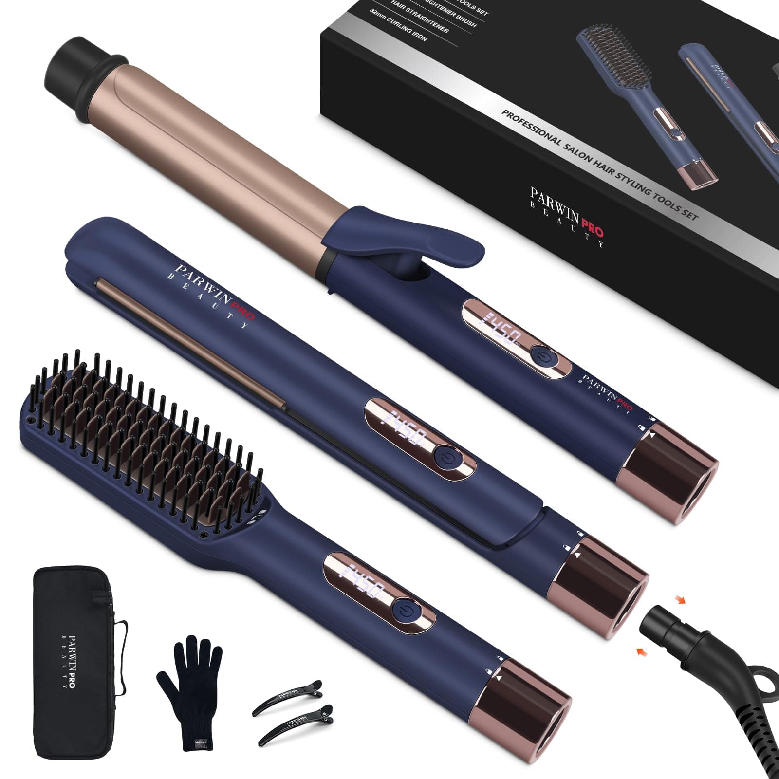 PARWIN PRO BEAUTY 3 in 1 Styling Set, 25mm Hair Straightener, 32mm Hair Curler, Hair Straightener Brush, Detachable Power Cord, LED Temp Control, Rapid-Heat up, for Gift ＆ Travel, Prussian Blue