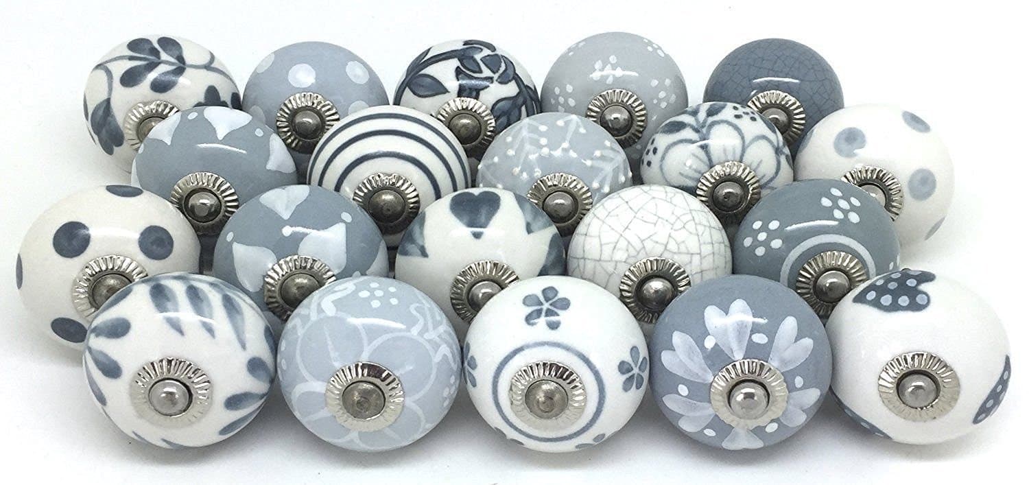 Knobs Grey & White Cream Rare Hand Painted Ceramic Knobs Cabinet Drawer Pull Pulls (12 Knobs)