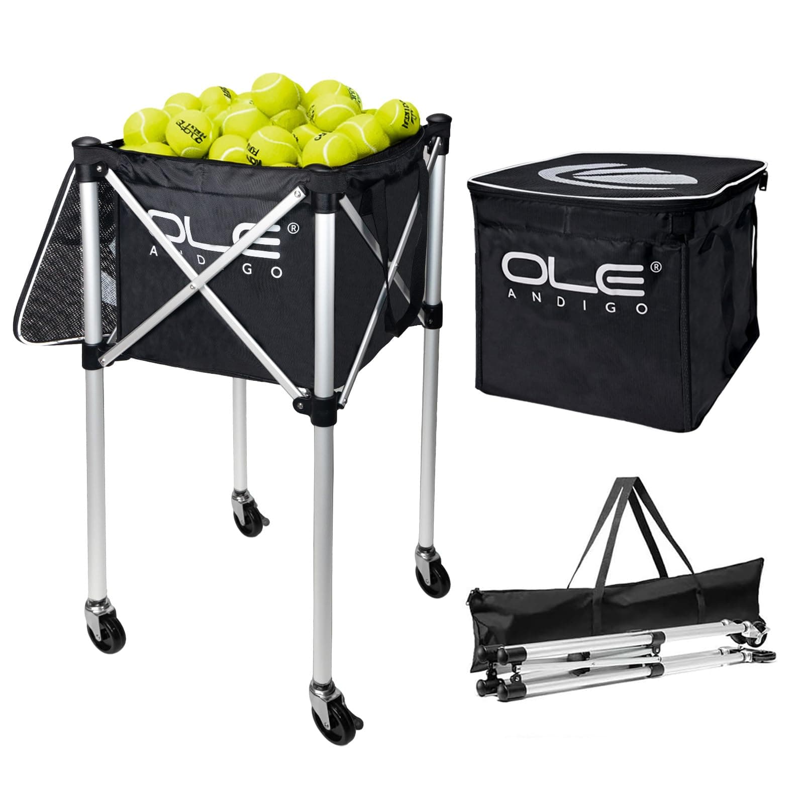 Tennis Balls Hopper Tennis Ball Basket with Side Pockets Lightweight Tennis Ball Cart Holds 160 Balls, Portable Sports Teaching Cart with Wheels for Tennis Player