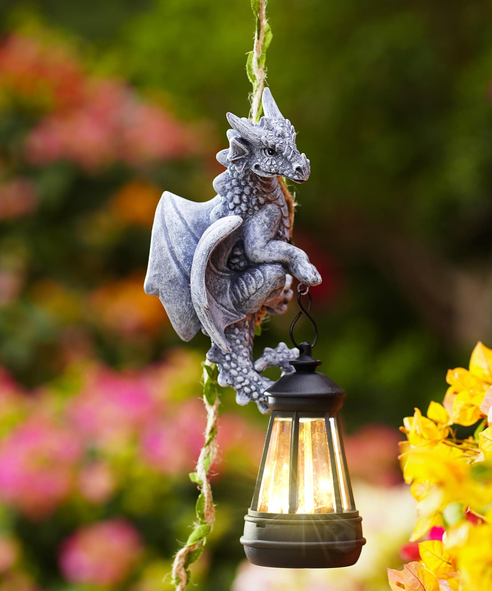 Nacome Dragon Outdoor Statues for Garden: 23.6" Gothic Mythical Guardian Sculpture for with Long Vine and Solar Lantern Enchanted Patio Porch Tree Yard Decor - Whimsical Gift for Mom Children
