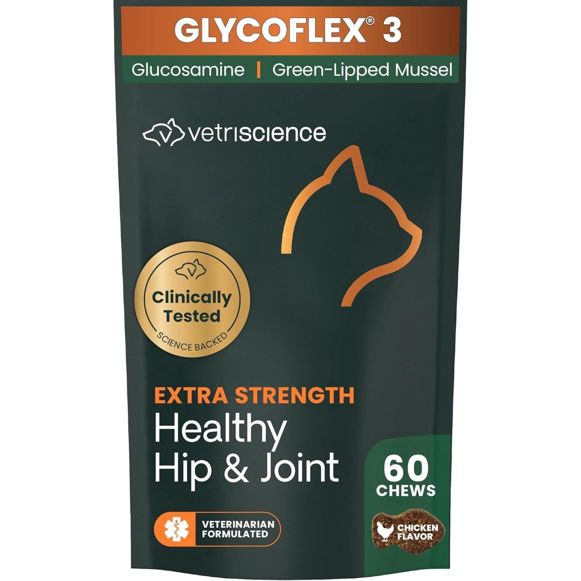 VetriScience Extra Strength Healthy Hip & Joint Chews, GlycoFlex Glucosamine and Green-Lipped Mussel Joint Support Supplement for Cats, Promote Mobility and Soothe Joint Discomfort, Chicken, 60 Count