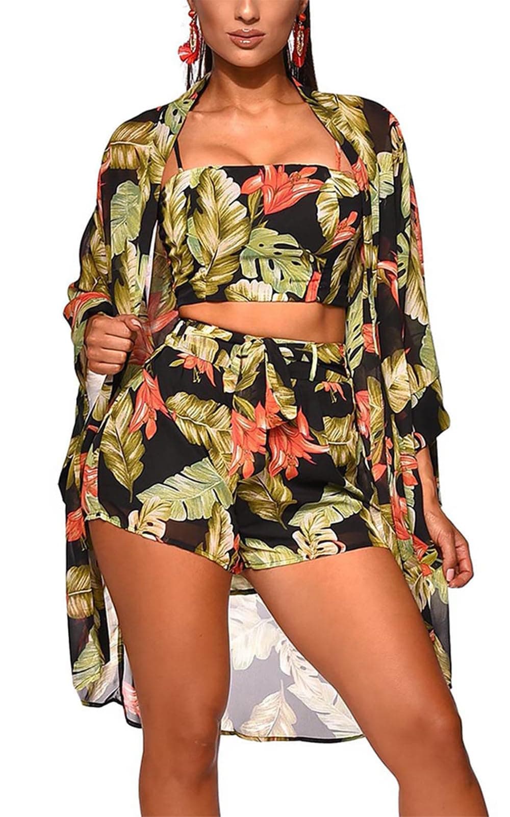 KEYUFANGWomen 3 Piece Vocation Outfits Summer Suit Floral Kimono Cardigans Beach Cover Up Crop Cami Top Short Set