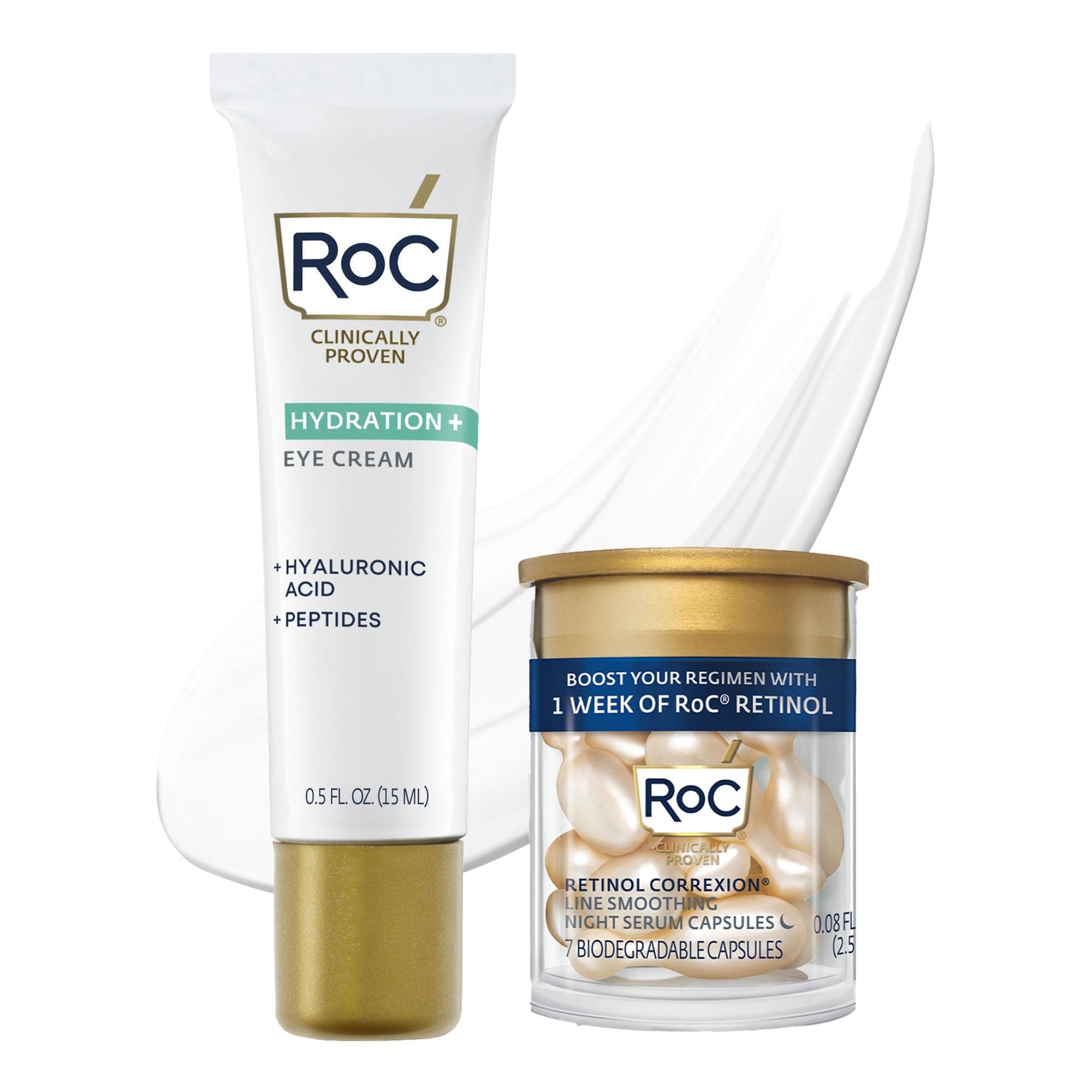 RoC Multi Correxion Hyaluronic Acid Anti Aging Under Eye Cream for Puffiness & Dark Circles (.5 OZ) + RoC Retinol Capsules (7 CT), Skin Care Routine, Fragrance & Paraben Free for Women and Men