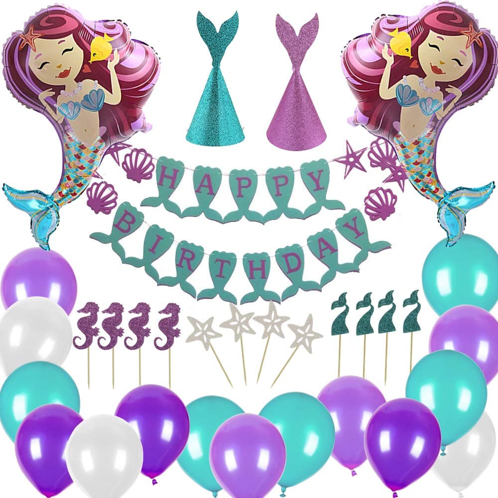 Sharlity Mermaid Theme Birthday Party Supplies-Mermaid Happy Birthday Banner，Mermaid Tail Hat，Mermaid Foil Balloon，Cupcake Toppers and latex balloons for Birthday Party, Baby Shower, Let's Be Mermaids