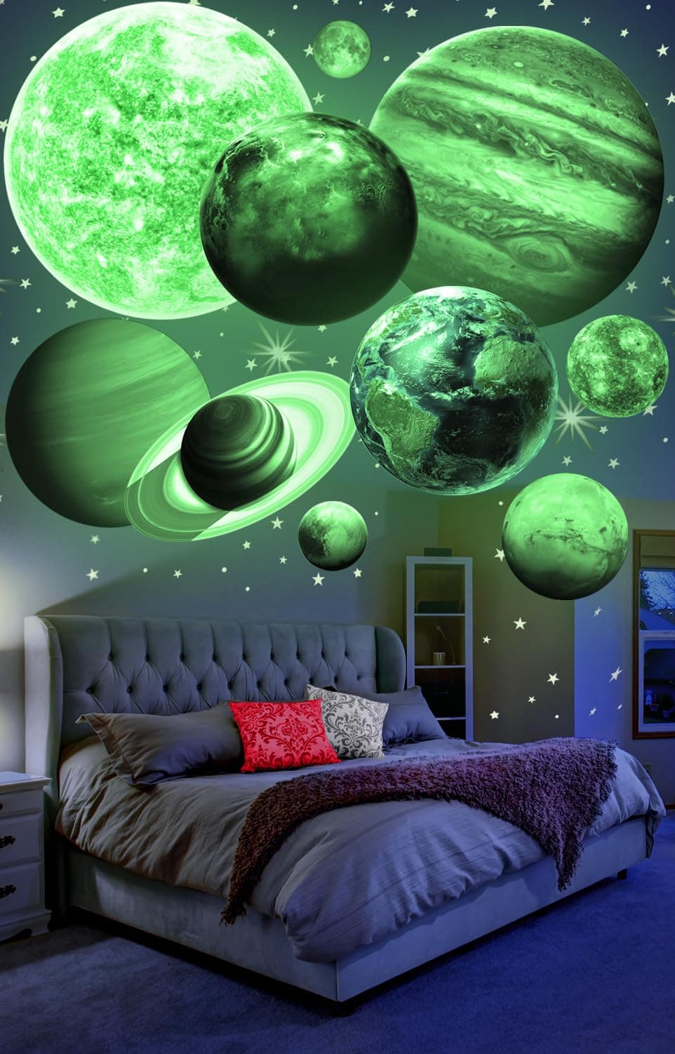 Glow in The Dark Planets, Bright Solar System Wall Stickers -Sun Earth Mars and so on,9 Glowing Ceiling Decals for Bedroom Living Room,Shining Space Decoration for Kids for Girls and Boys