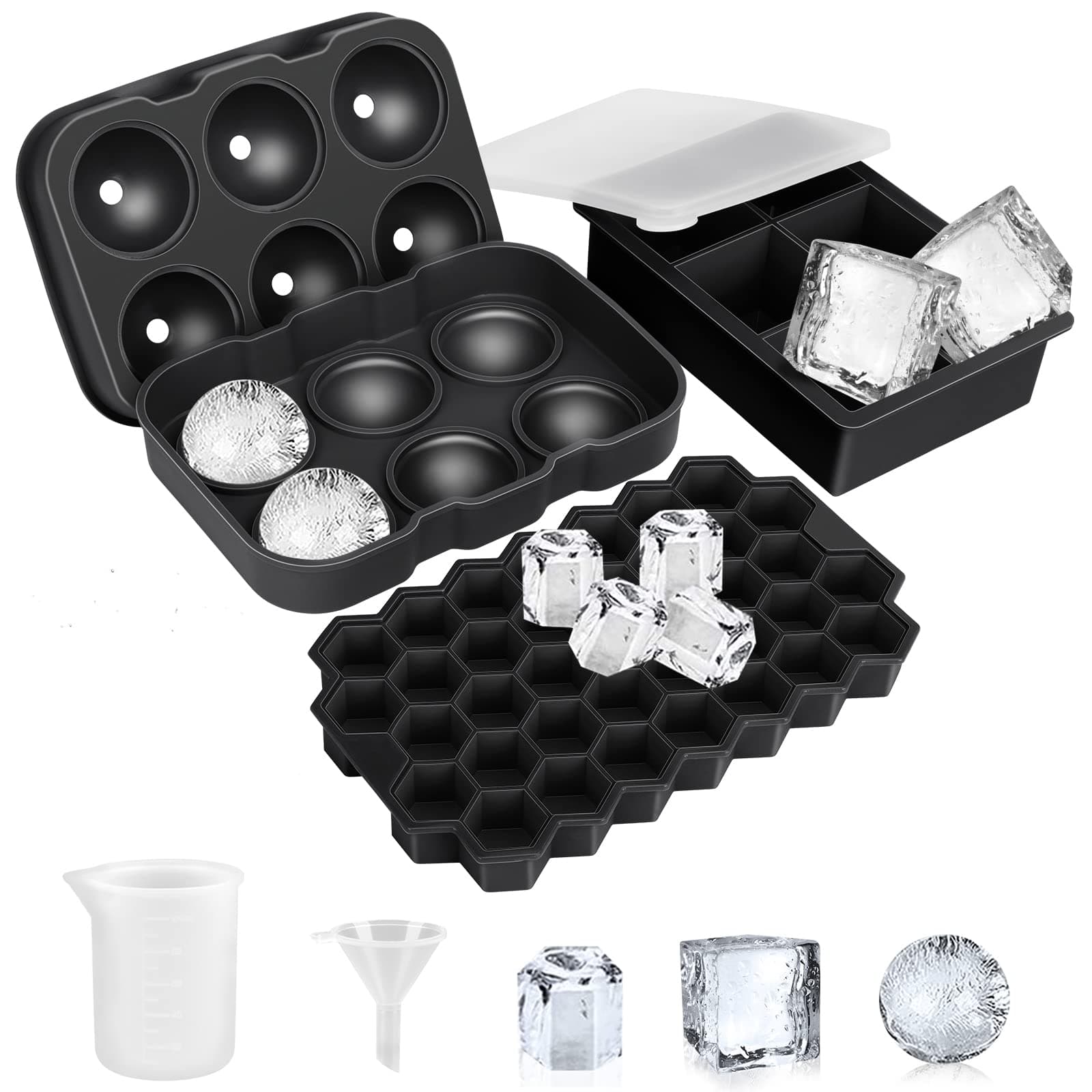 Ice Cube Tray, AiBast Ice Trays for Freezer With Lid, 3 Pack Silicone Large Round Ice Cube Tray, Sphere Square Honeycomb Ice Trays for Whiskey With Covers&Funnel,Reusable Ice Cube Trays BPA-Free Black