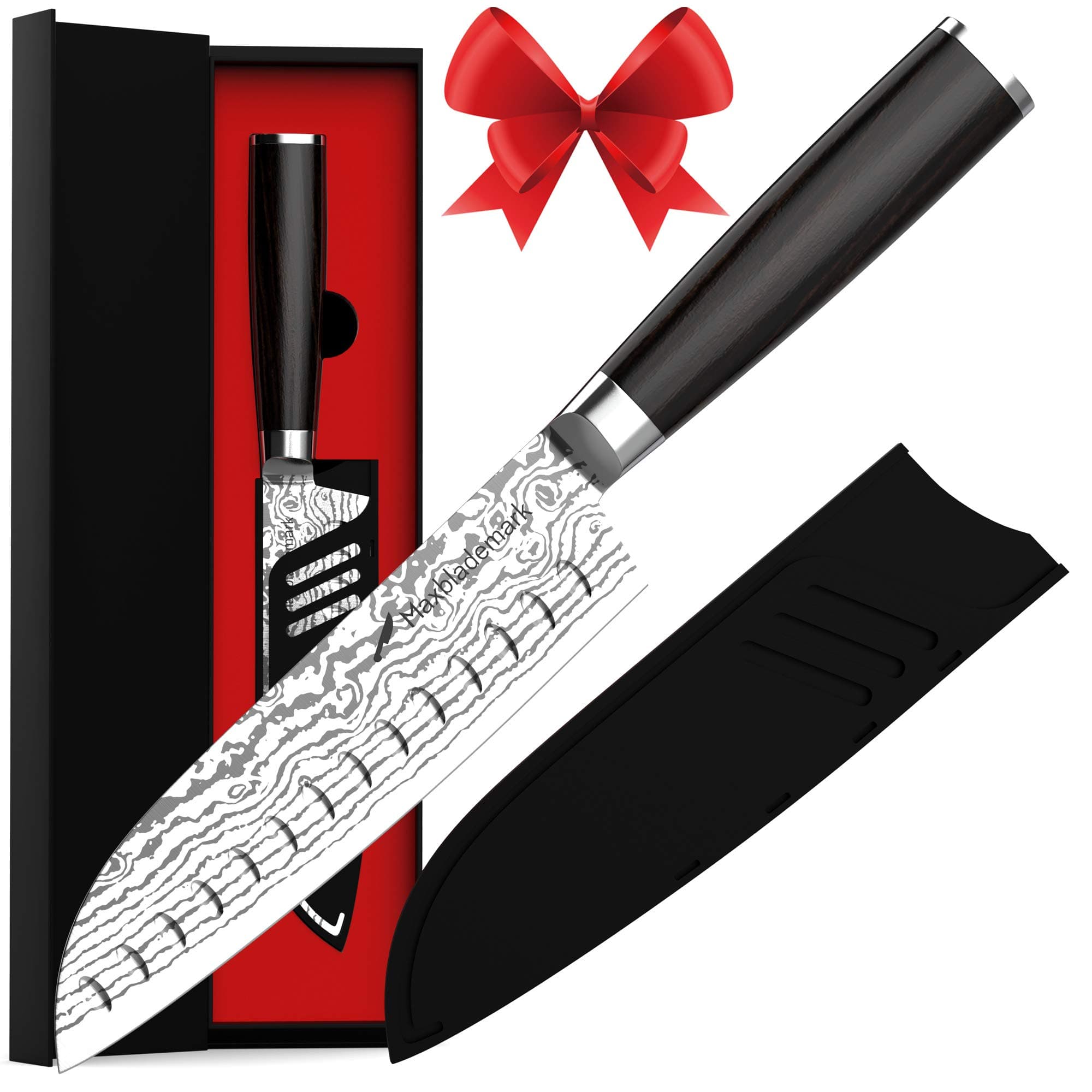 Santoku Knife - Maxblademark Kitchen Knives 7 Inch Chef's Knives, German High Carbon Stainless Steel with Ergonomic Handle, Knife Sheath, Damascus Pattern, Ultra Sharp for Home Kitchen and Restaurant