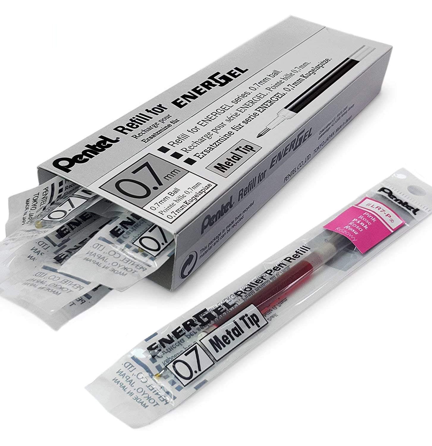 Box of 12 x PENTEL Energel 0.7mm Refill Metal Tip LR7 - Fits Energel Xm, BL77/BL57/BL37 - Pink Ink