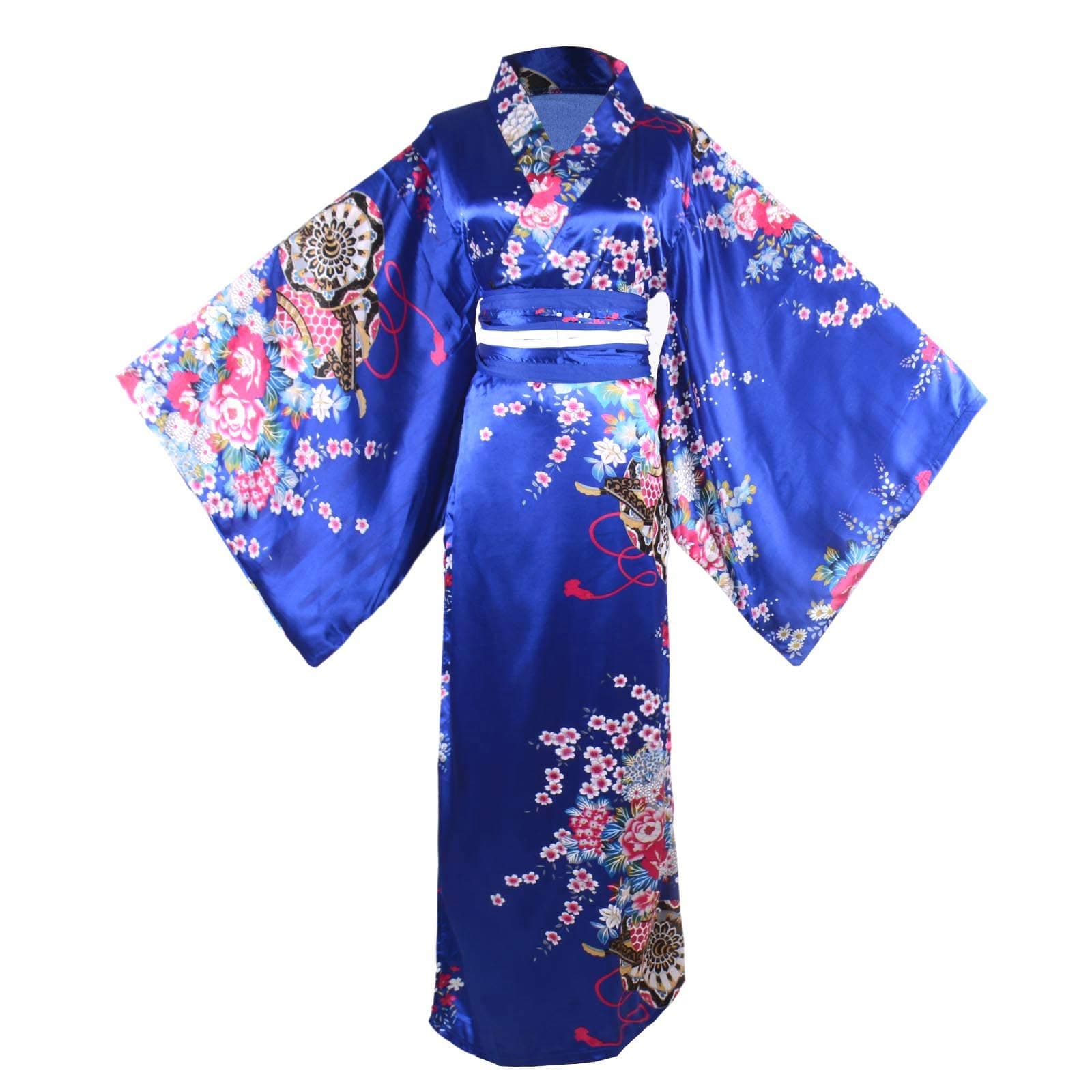 GenericWomen's Long Kimono Costume Floral Patten Japanese Geisha Yukata Robe Dress Obi Belt Bathrobe Outfit
