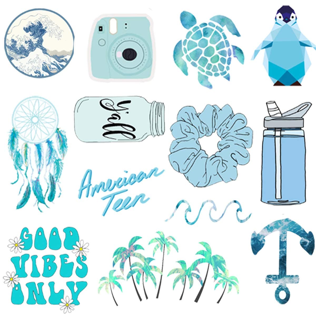 Vsco Water Bottle Laptop Stickers Packs, Big 50 Pcs, Waterproof Trendy Aesthetic Blue Vinyl Cute Stickers Pack for Teens Phone Luggage, Car