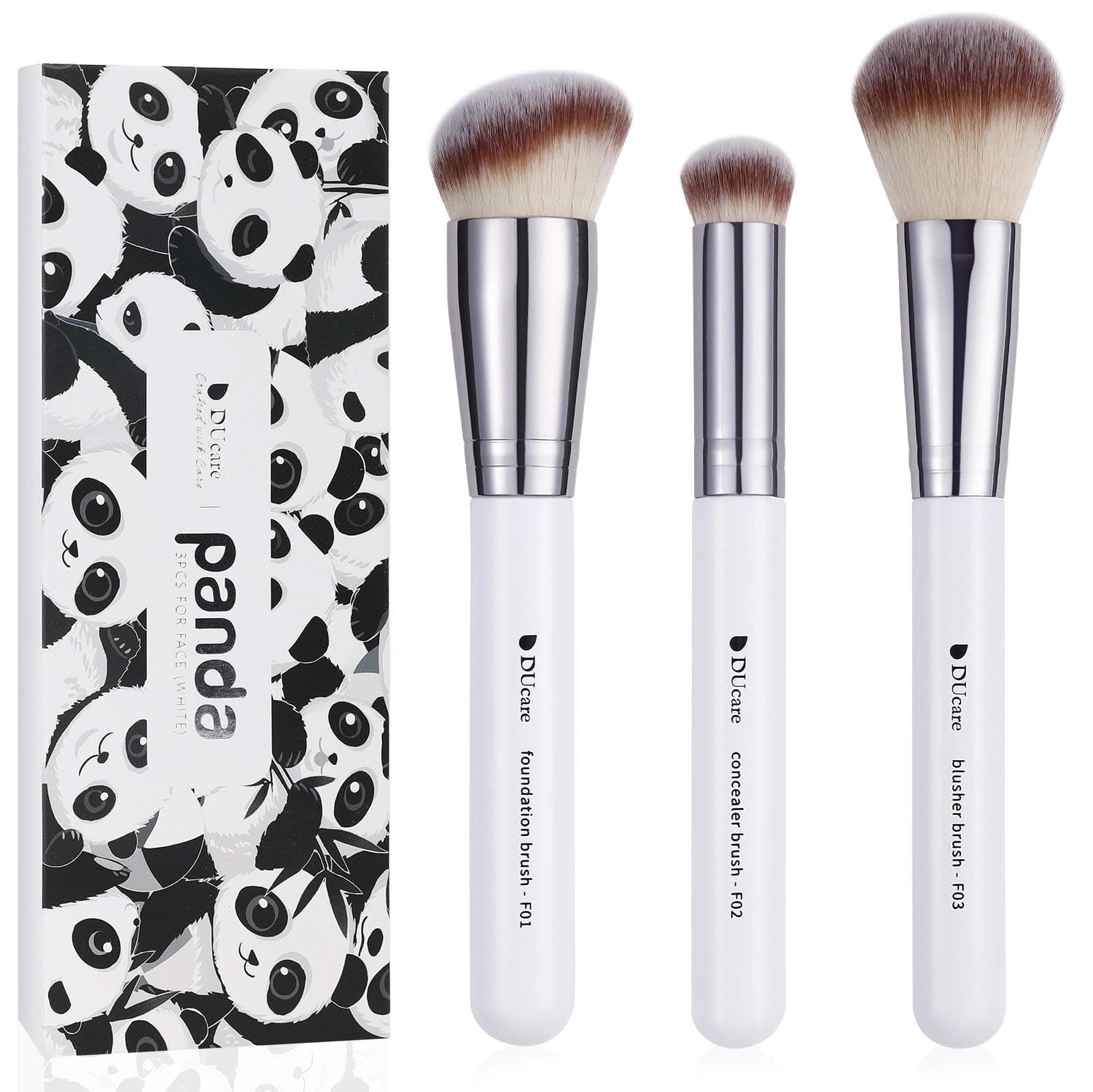 DUcare 3 Pcs Panda Foundation Brush Set, Premium Synthetic Brushes with Contour Foundation, Concealer & Blush Brushes, Professional Travel Makeup Kit for Face Makeup (White)