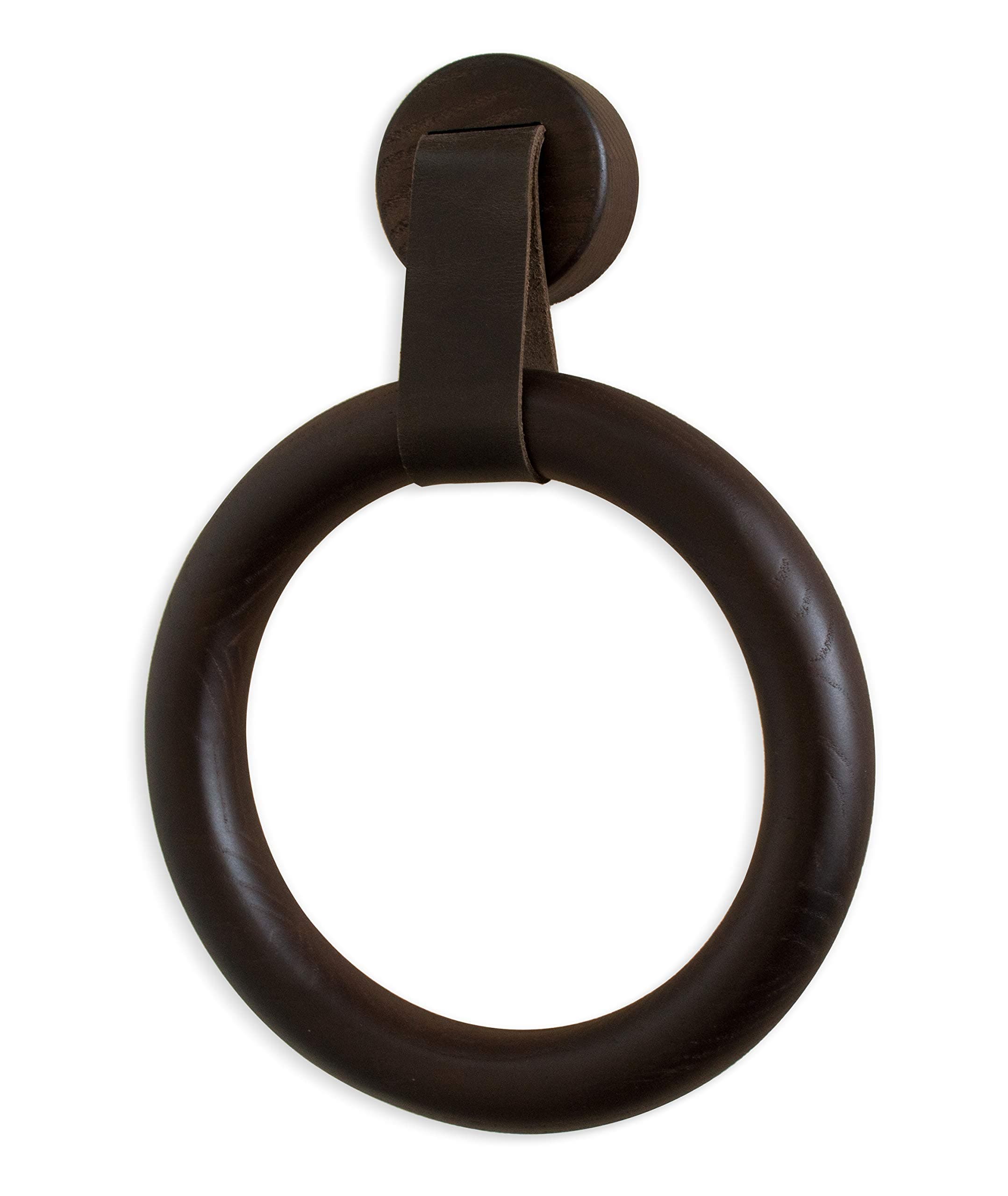 TESLYAR Towel Ring Wall Mount Hand Towel Ring Heavy Duty Solid Ash Wood Genuine Leather Towel Holder for Bathroom Towel Racks Kitchen Rings with Wall Mounted Hardware Scarf Shawl Rack Black