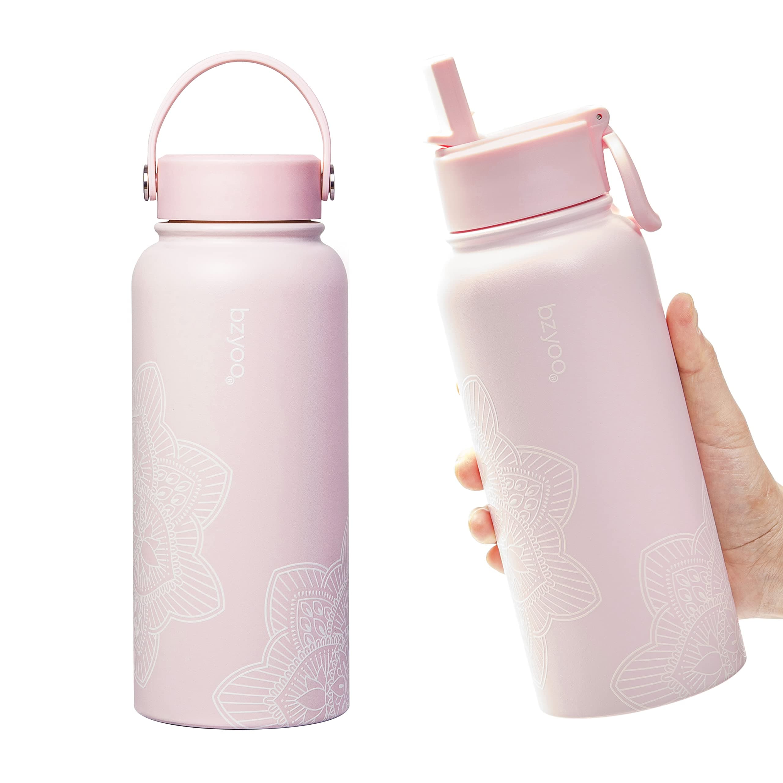 bzyoo HyDuo Sports Water Bottle 32 Oz 2 Lids (Straw Lid, Screw On Handle Lid), Vacuum Insulated Stainless Steel Double Walled Leak Proof Hot/Cold Water Bottle Gifts For Him & Her (Color: Pink)