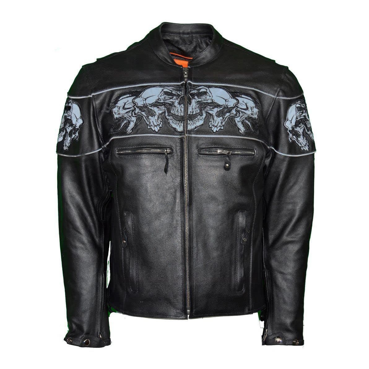 Dealer Leather MEN'S RIDING REFLECTIVE SKULLS CROSSOVER LEATHER JACKET VENTED THICK LEATHER NEW (L Regular)