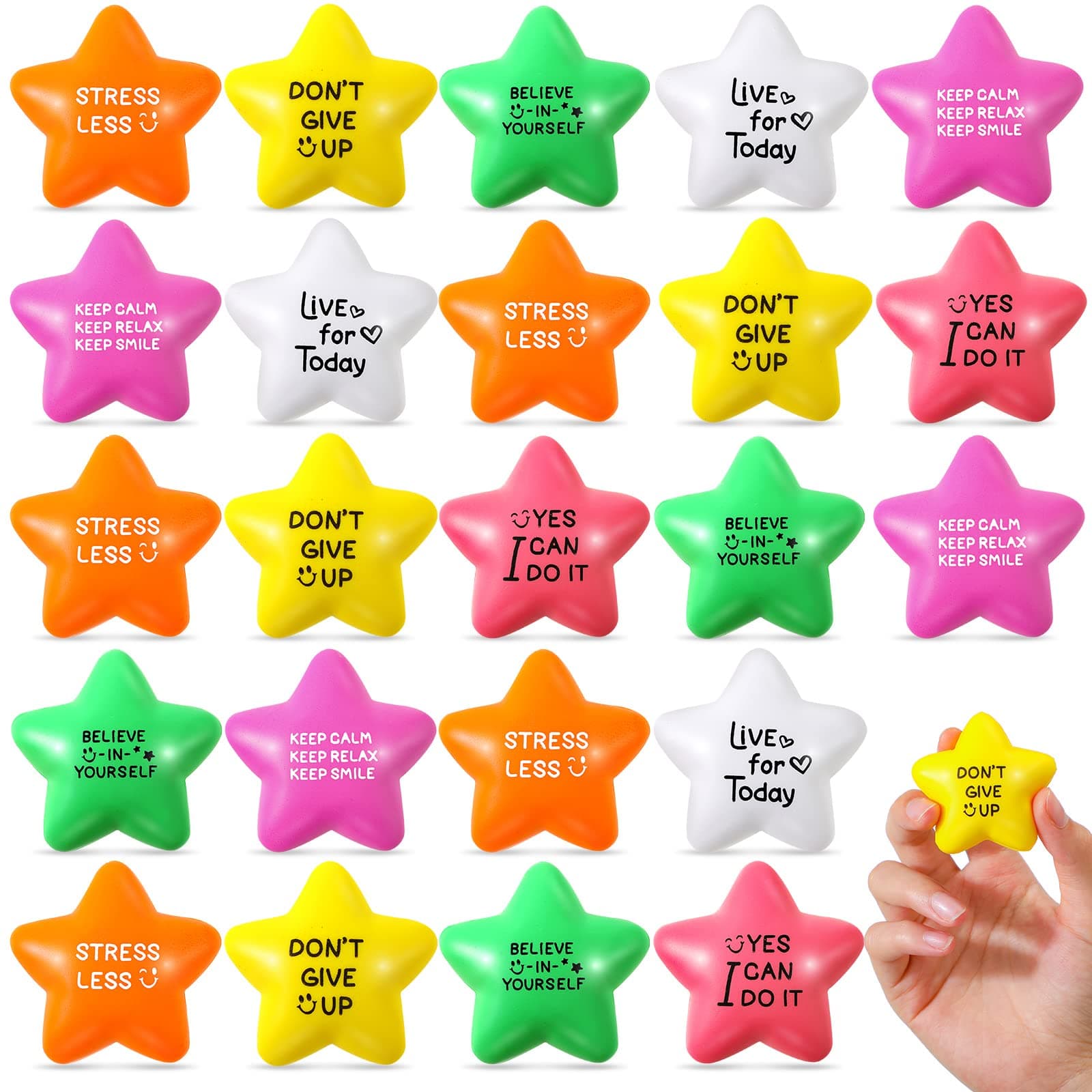 HyDren 30 Pcs Motivational Star Stress Balls 2.2 Inch Stress Relief Ball with Quotes Colorful Foam Ball Inspirational Hand Exercise Toys to Relieve Anxiety Party Favors Back to School(Bright Color)