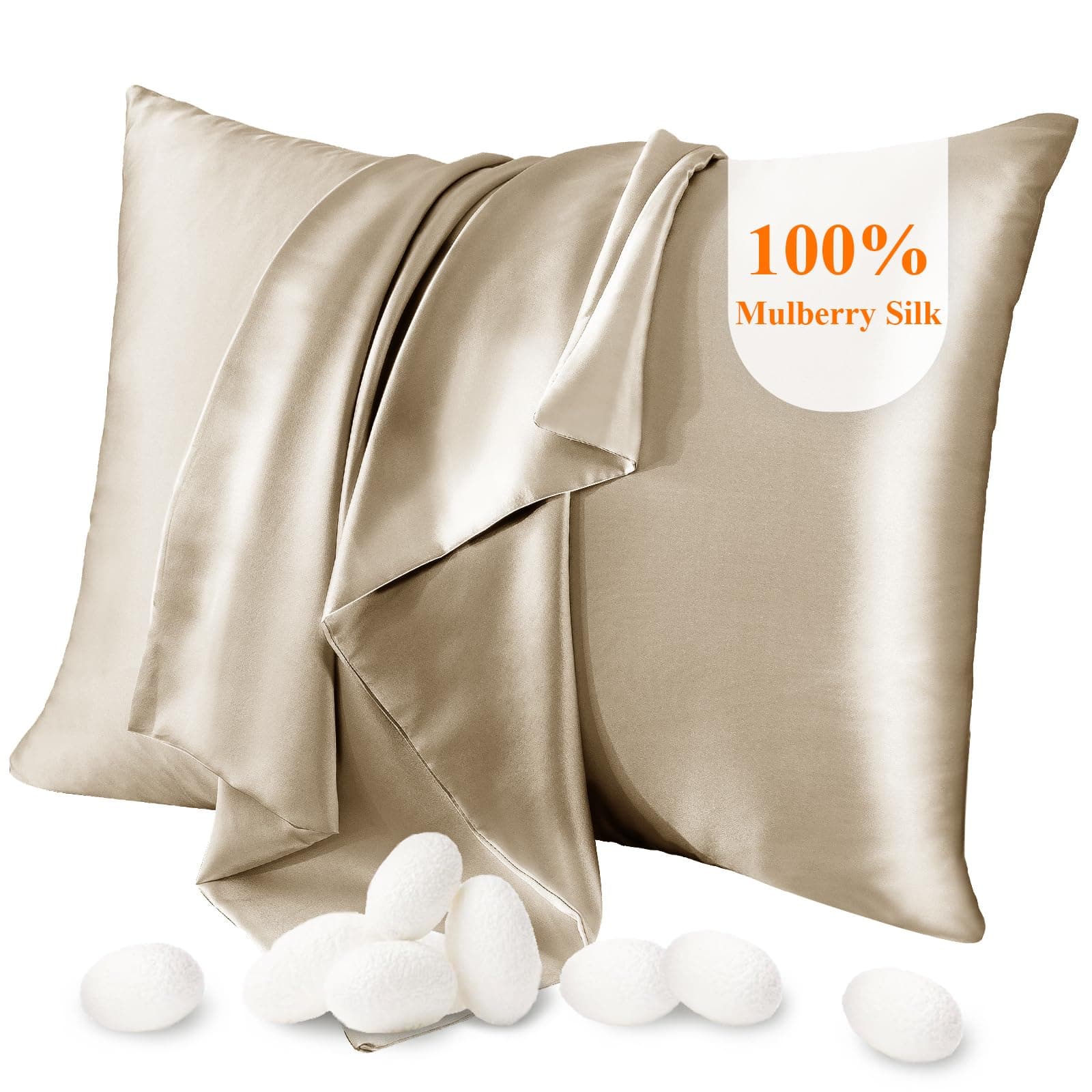 JaciuJaciu 100% Silk Pillowcase for Hair and Skin, Pillow Cases Both Side Mulberry Silk Pillowcases 21 Momme 600 Thread Count Hidden Zipper Smooth Soft(Apricot, Queen 50x75cm,1pcs)