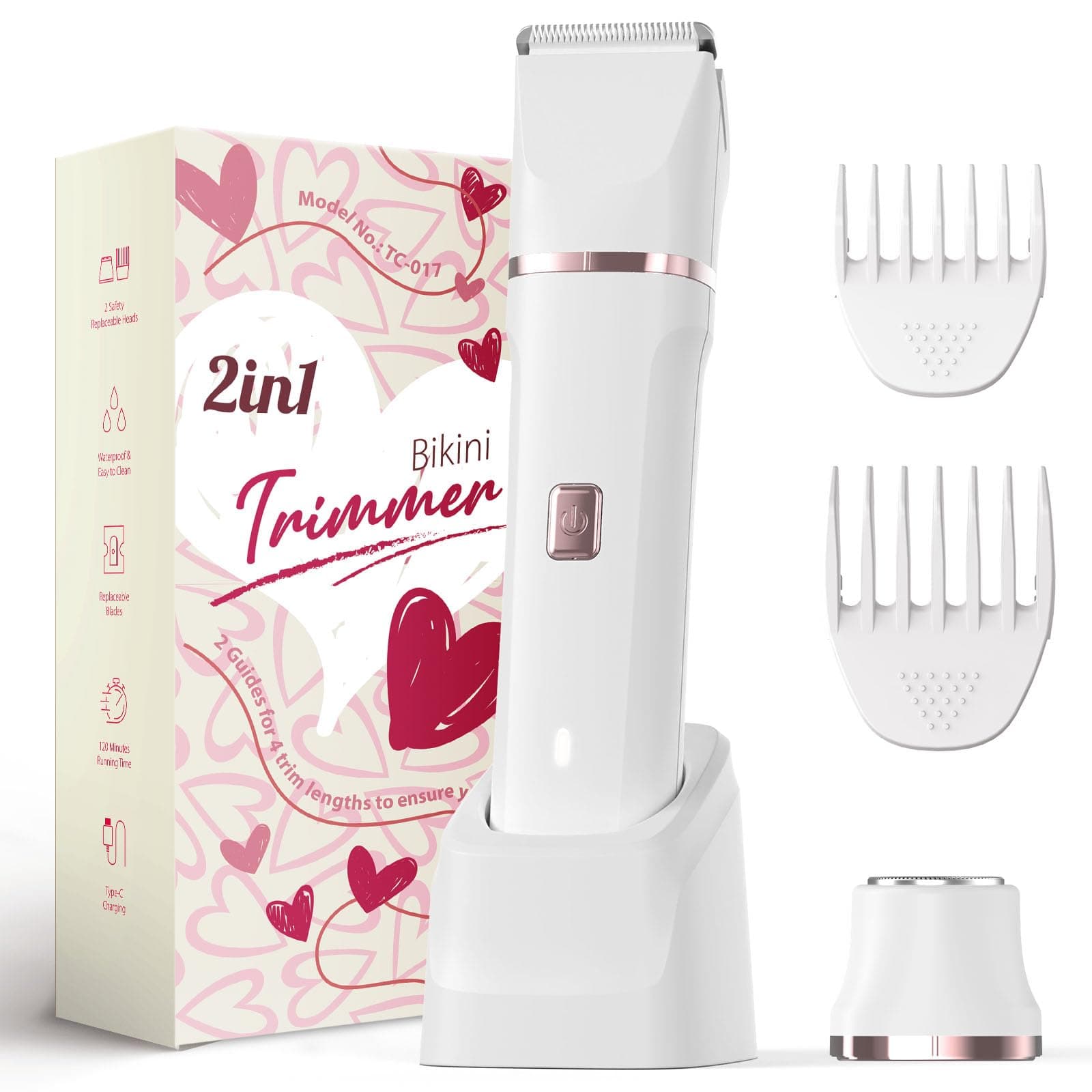 Pubic Hair Trimmer for Women - Electric Razors for Women's Body Groomer, Replaceable Ceramic Blade Heads, Face Hair Remover Head, USB-C&Dock Charging, Waterproof&Easy Cleaning White