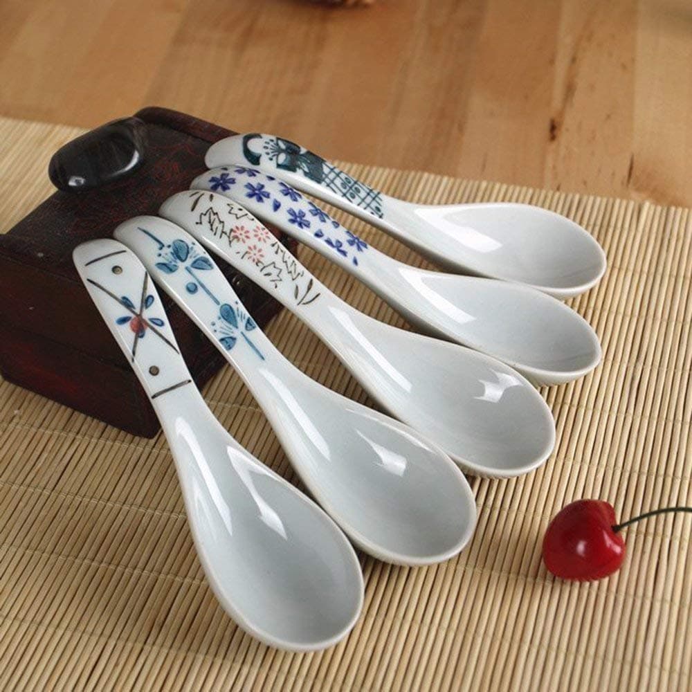 XYTMY Ceramics Soup Spoon Hand Painted Flower Porcelain Handle Chinese Asian Rice Spoon Appetizer Tableware set of 5 Light Weight Gift For Housewife Friends Familyends and family