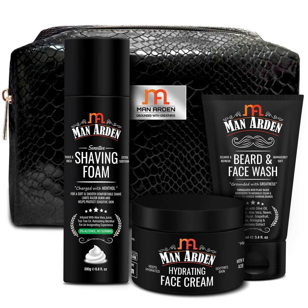 Man Arden Luxuriant Grooming Kit For Men | Beard & Face Wash(100ml) + Shaving Foam (200g) + Hydrating Face Cream (50g) With Pouch