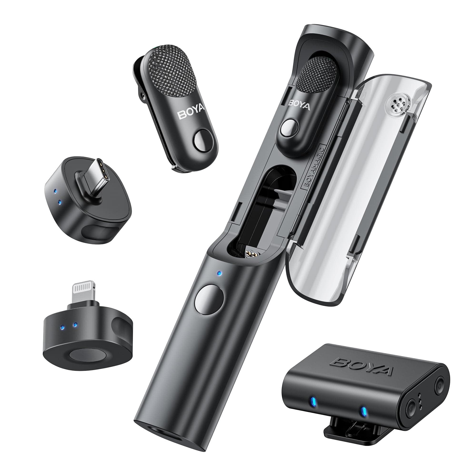 Magic Wireless Mini Microphones for iPhone/Android/PC/Camera, 4 Form-in-1 Mic, 7g Lightweight,AI Noise Reduction, 48kHz/24bit,APP Control, 328ft Range,Microphone for Recording(Stand not included)