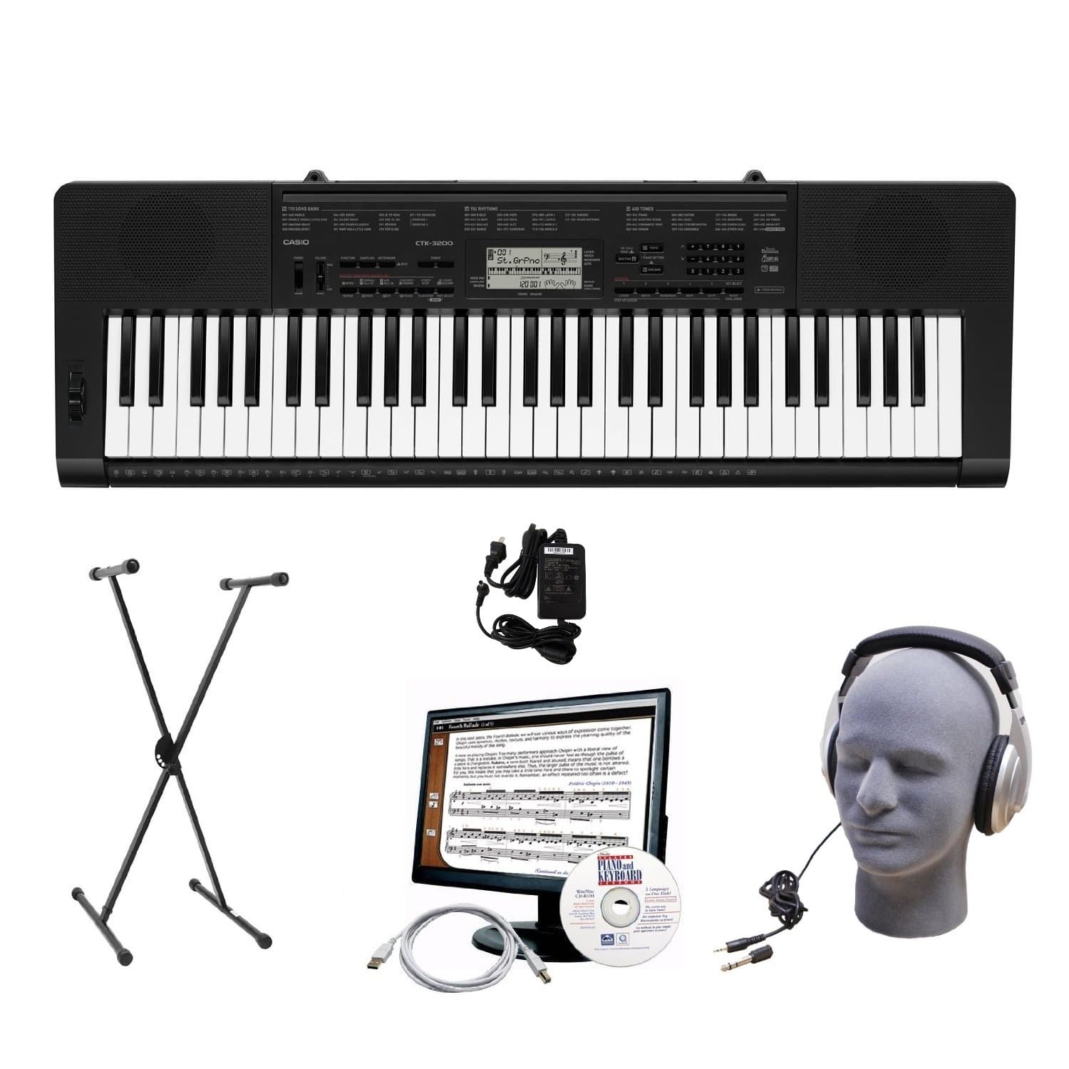 Casio CTK-3200 61-Key Portable Premium Keyboard Package with Headphones, Stand, Power Supply, 6-Feet USB Cable and eMedia Instructional Software