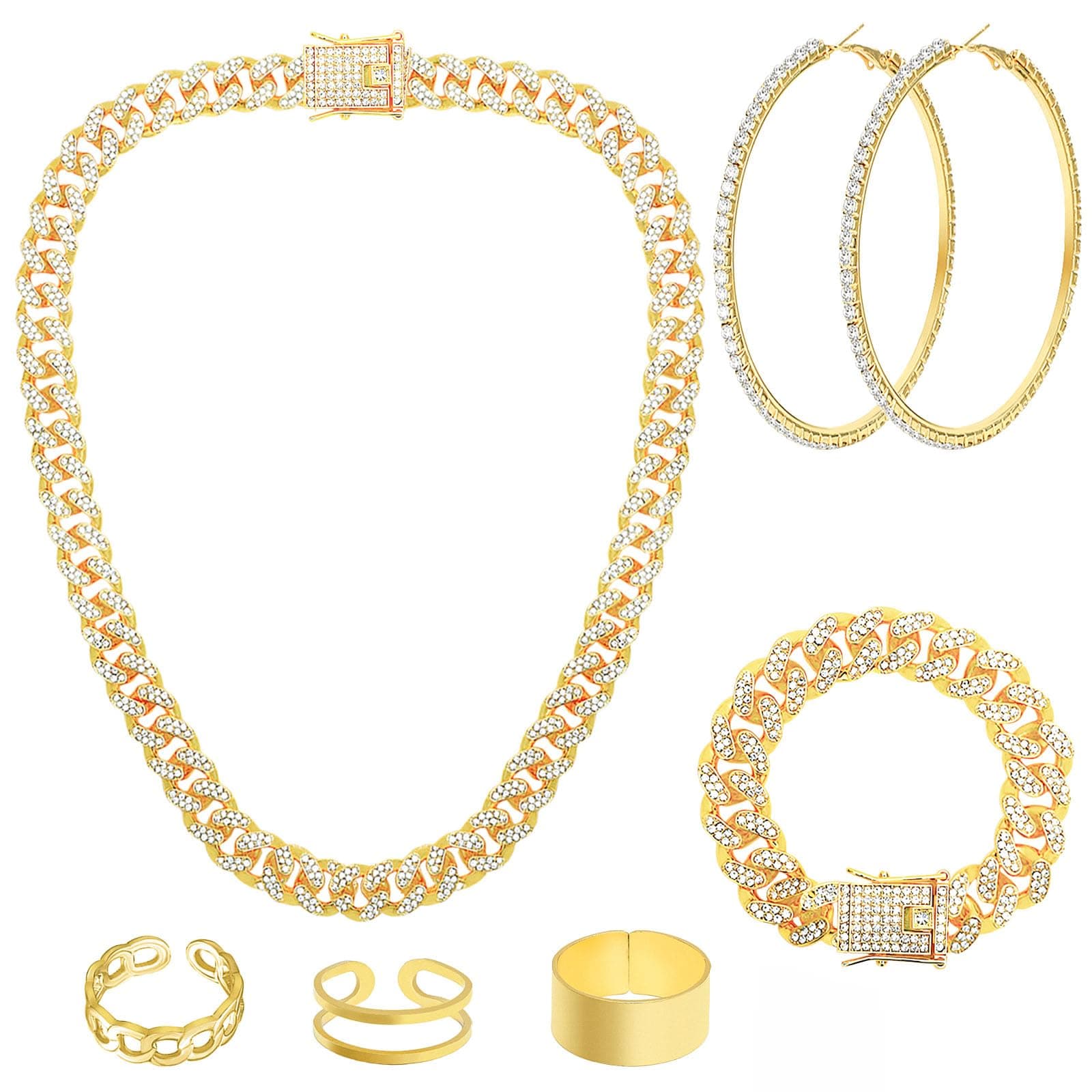 NEWITIN 7 Pieces Gold Jewelry Set for Women Dainty Cubic Zirconia Cuban Link Chain Necklace Bracelet Ring Sparkly Crystal Earrings Cuban Jewelry Set for Women Men