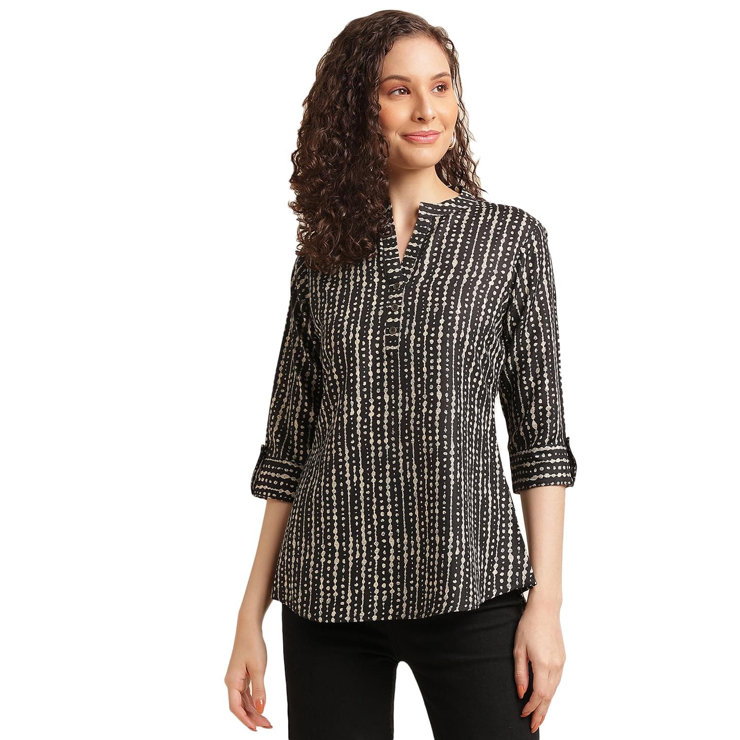 NAINVISH Tops for Women Printed Regular Fit Shirt, Tops for Women Stylish Latest|Office Wear Tops for Women|Cotton Blend Tops for Women|Mandarin Collar Top