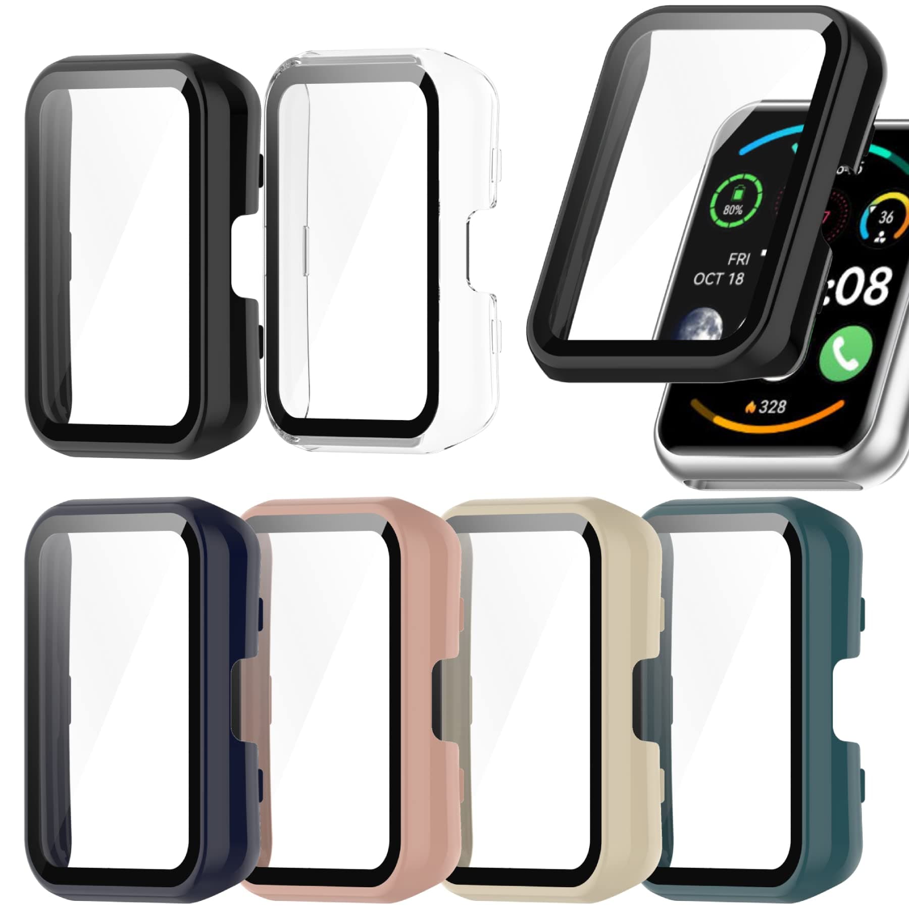 Protective Case Compatible with Huawei Watch Fit 2, Screen Protector, Hard PC Bumper, Anti-Scratch, Shock-Proof, Tempered Glass, Full Cover Shell (6 Colors)