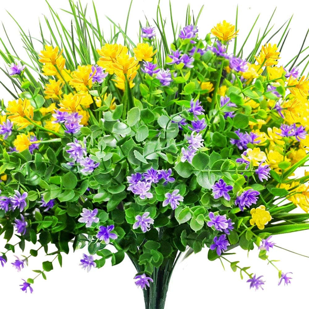CEWOR 9pcs Artificial Flowers Outdoor UV Resistant Shrubs Plants for Hanging Planter Home Wedding Porch Window Decorï¼Ë†Yellow, Purple, Greenï¼â€°