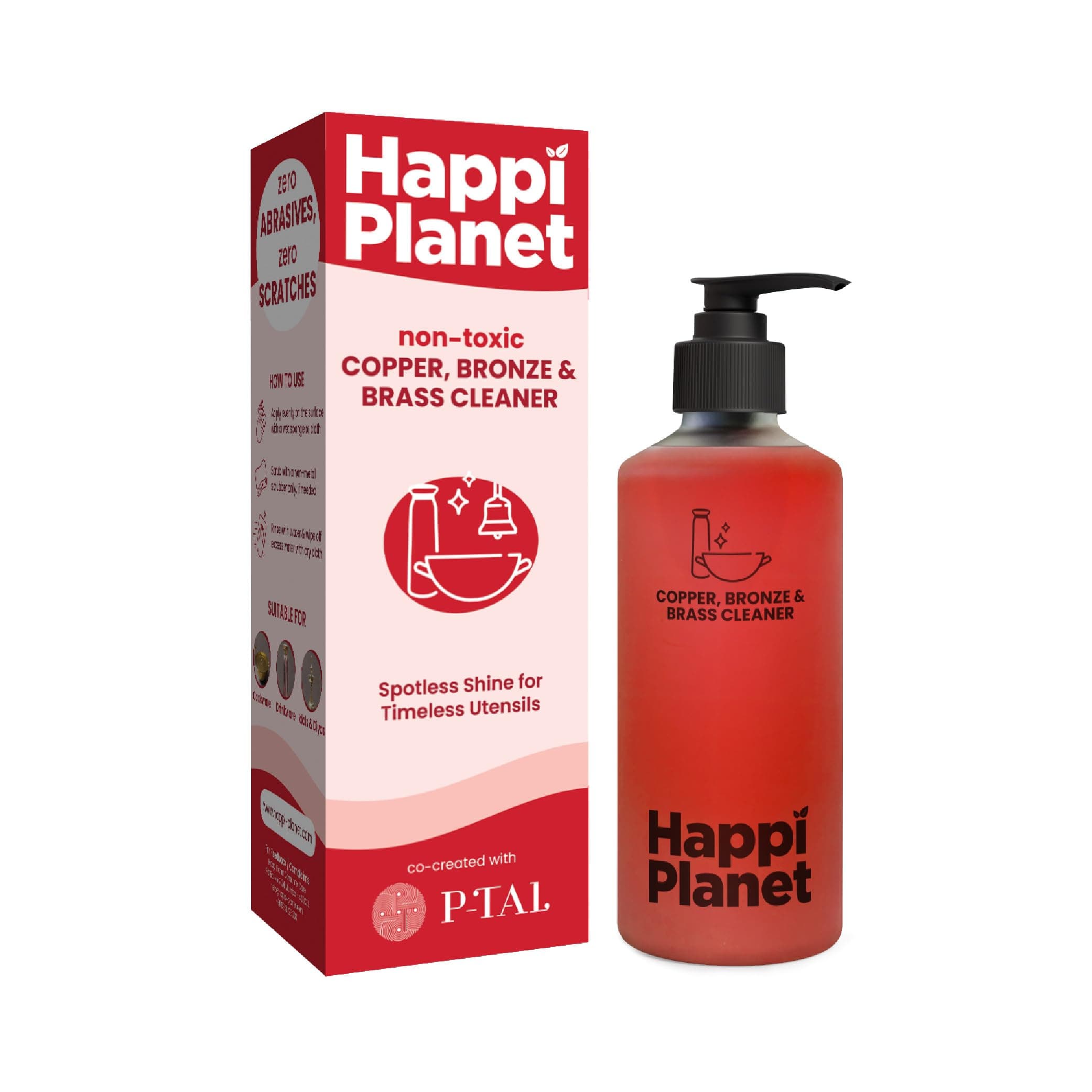 Happi Planet Copper, Bronze & Brass Cleaner | zero Abrasives, zero Scratches | Non-Toxic, Plant Based | Suitable for Drinkware, Cookware, Idols & Diyas | Co- Created with P-TAL