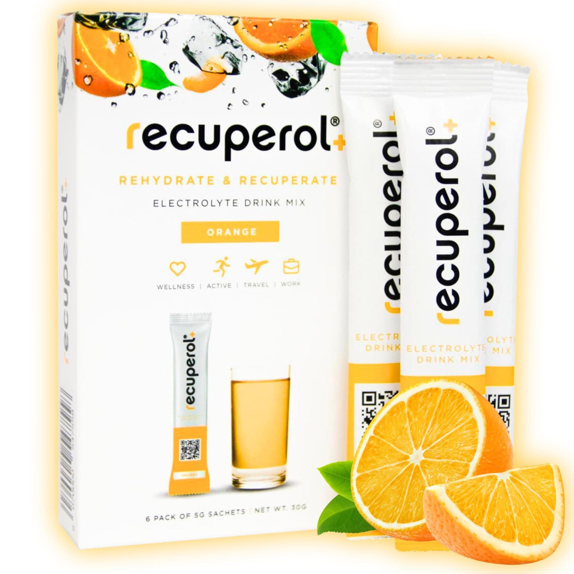 Recuperol Electrolytes Sachets - Rehydration Electrolytes Powder with Zinc, Vitamin C, B12, D3 & Potassium for Hydration - Sugar Free, Vegan & Low Calorie - Orange 6 Pack