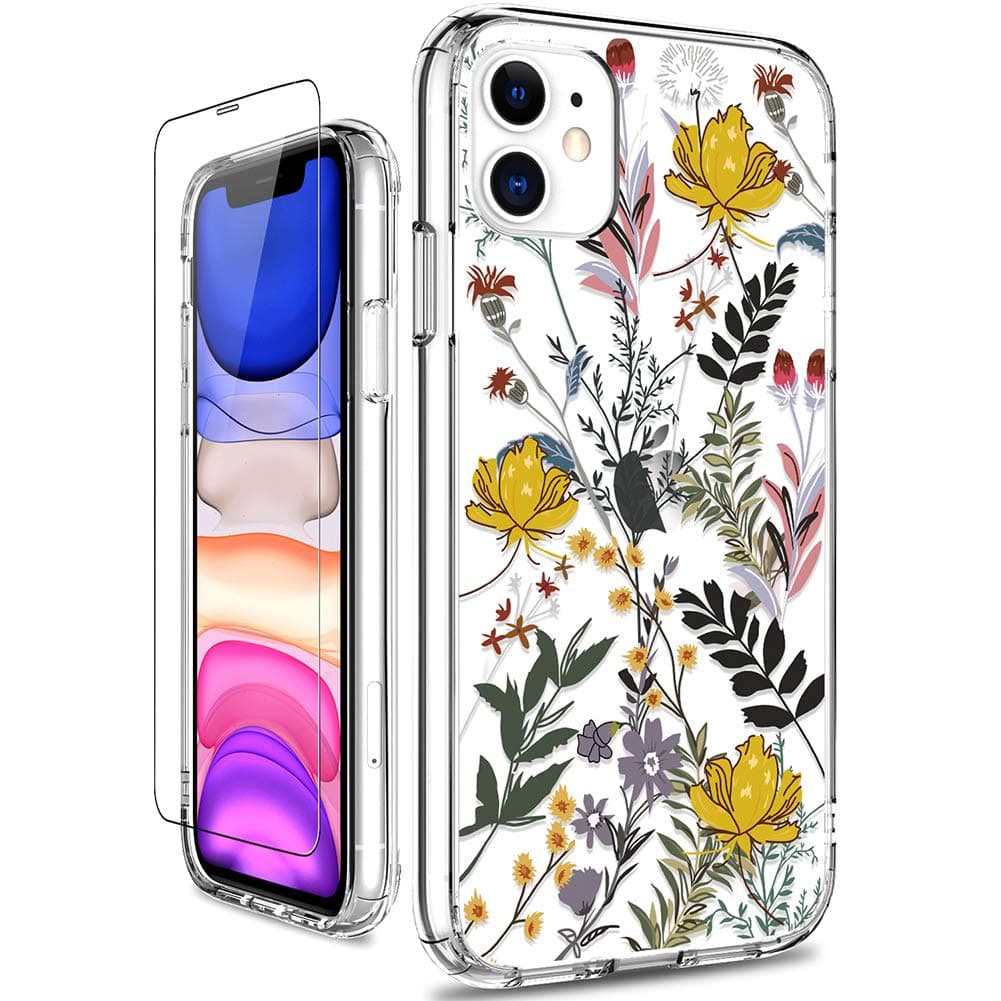 GiiKafor iPhone 11 Case, Clear Shockproof Hard PC Case with TPU Bumper Heavy Duty Protective Floral Women Girls Bumper Cover Phone Case for iPhone 11, Wildflower