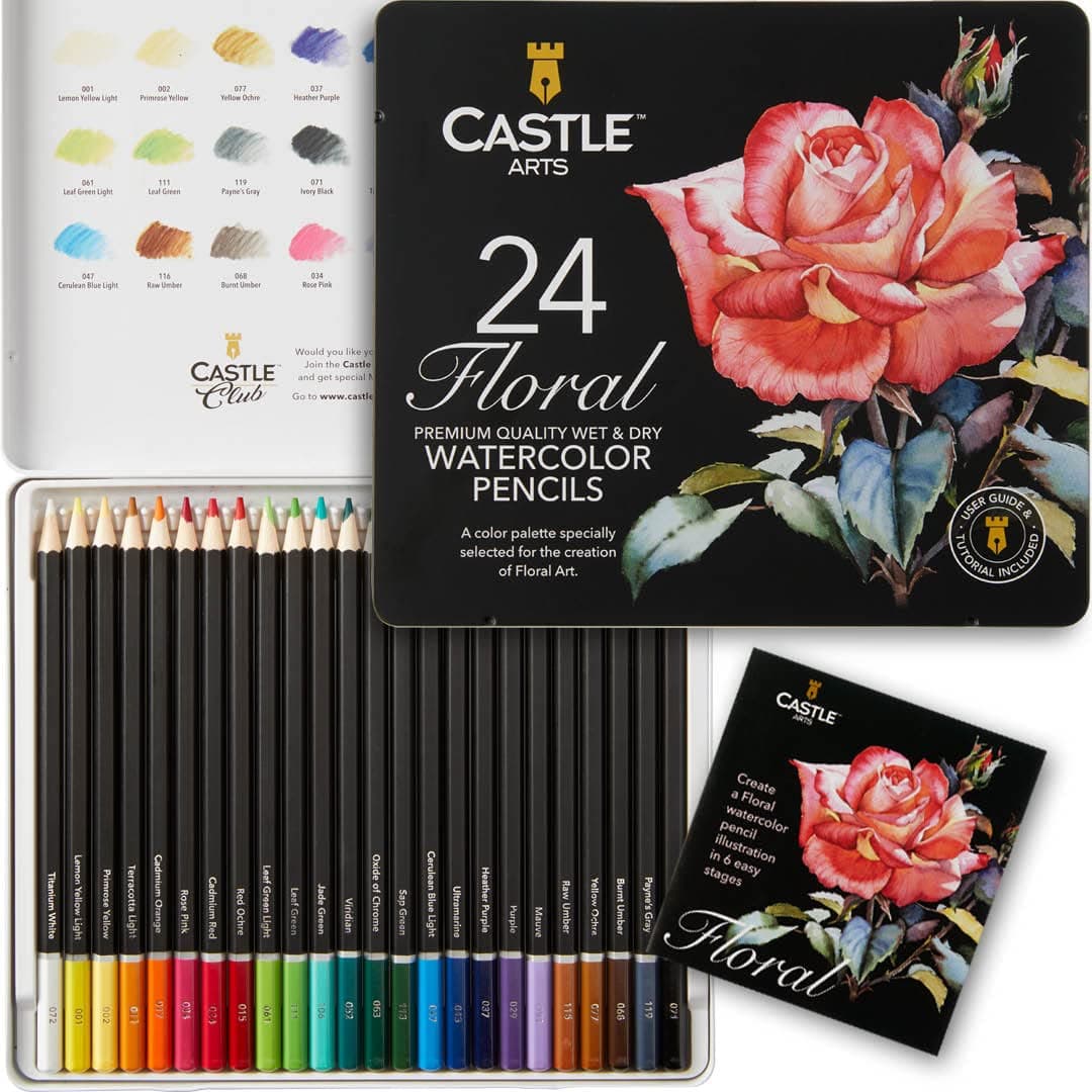 “Botanical” Themed Watercolour Pencils Set | 24 Premium Quality, Selected Vibrant Colours | Draw and Paint at the Same Time | for Adult Artists and Gifting | in Special Tin Box