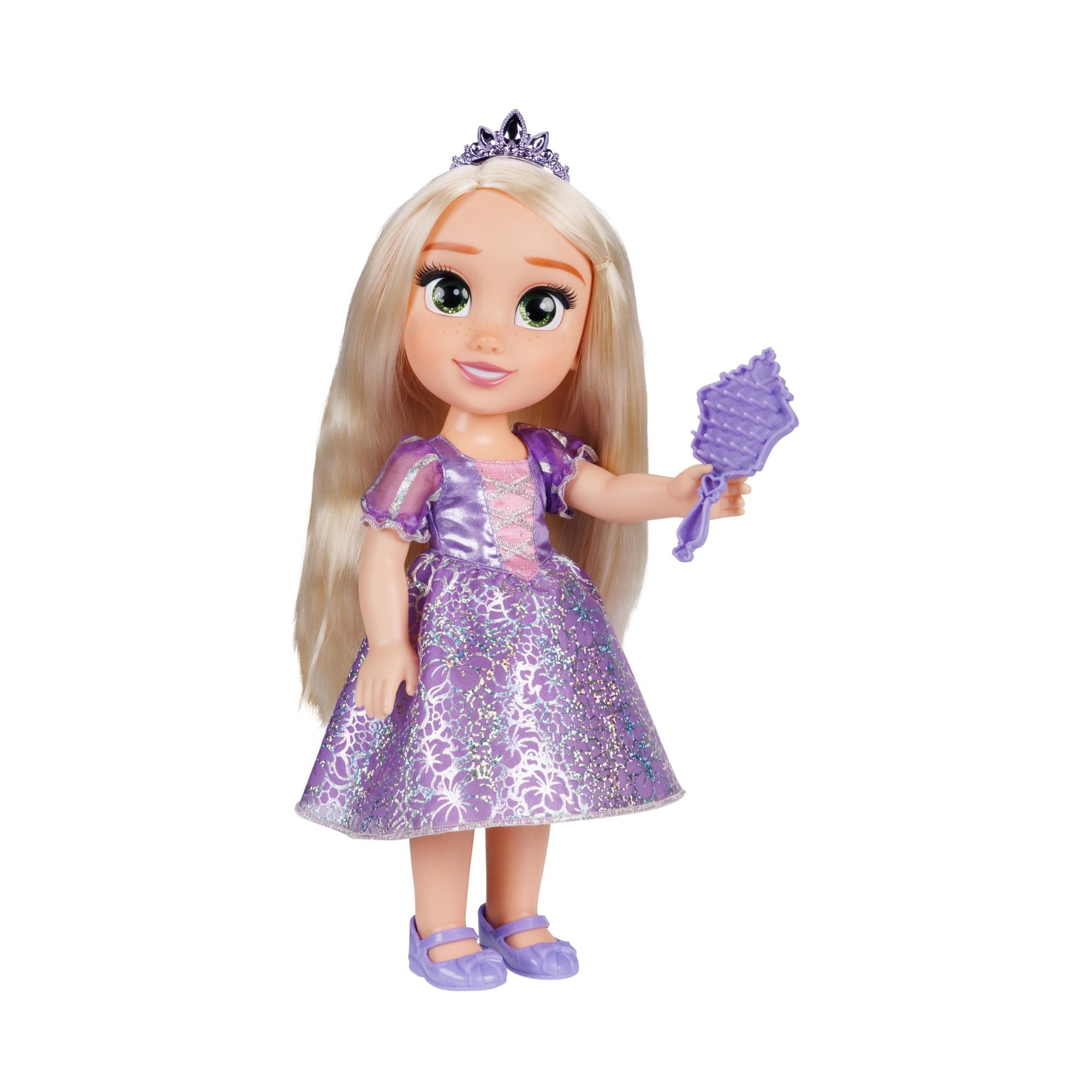 Rapunzel Fashion Doll, 14” / 35cm Tall Doll with Royal Reflection Eyes Includes Shimmery Platinum Holofoil Printed Removable Dress, Shoes, Tiara and Brush, Perfect for Girls Ages 3+