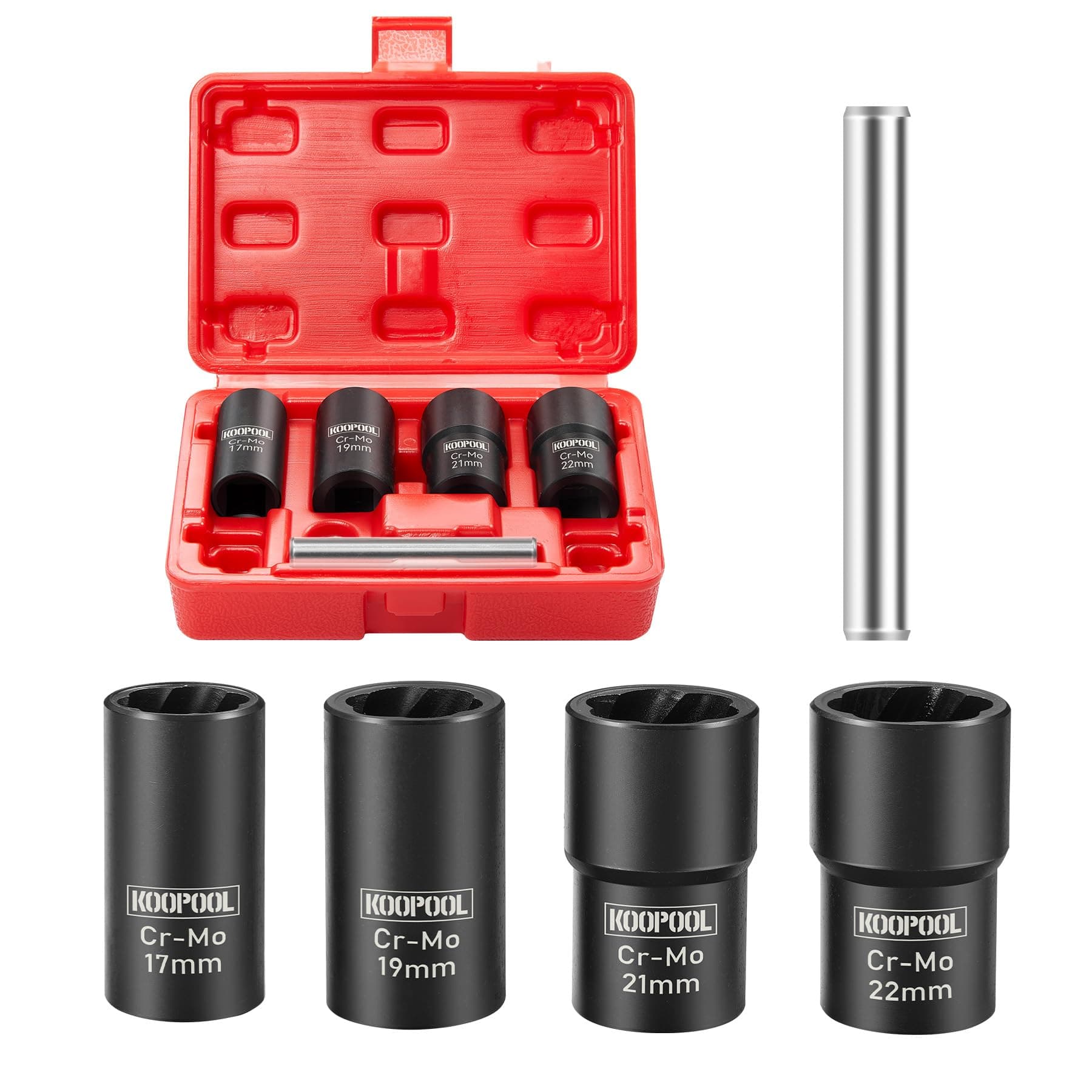 KOOPOOL Twist Socket Set 5 Pcs Lug Nut Remover, Bolt Nut Extractor Set, Metric 17-22mm Wheel Lock Removal Kit with Drift Punch Nut Removal Bar