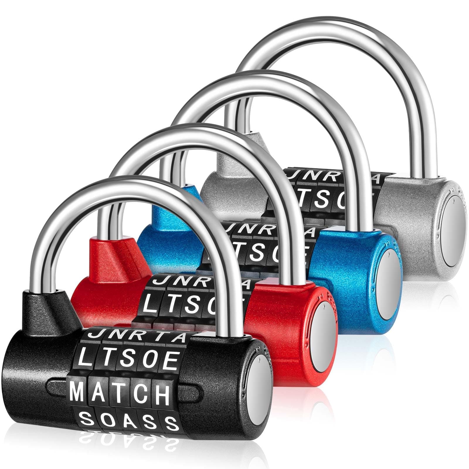 Shimeyao 4 Pcs 5 Letter Combination Lock Heavy Duty Gym Locker 5 Digit Word Escape Room Locks Keyless Resettable Metal Lock for College Gym Toolbox Hasp Cabinet(Letter,Black,Silver,Blue,Red)
