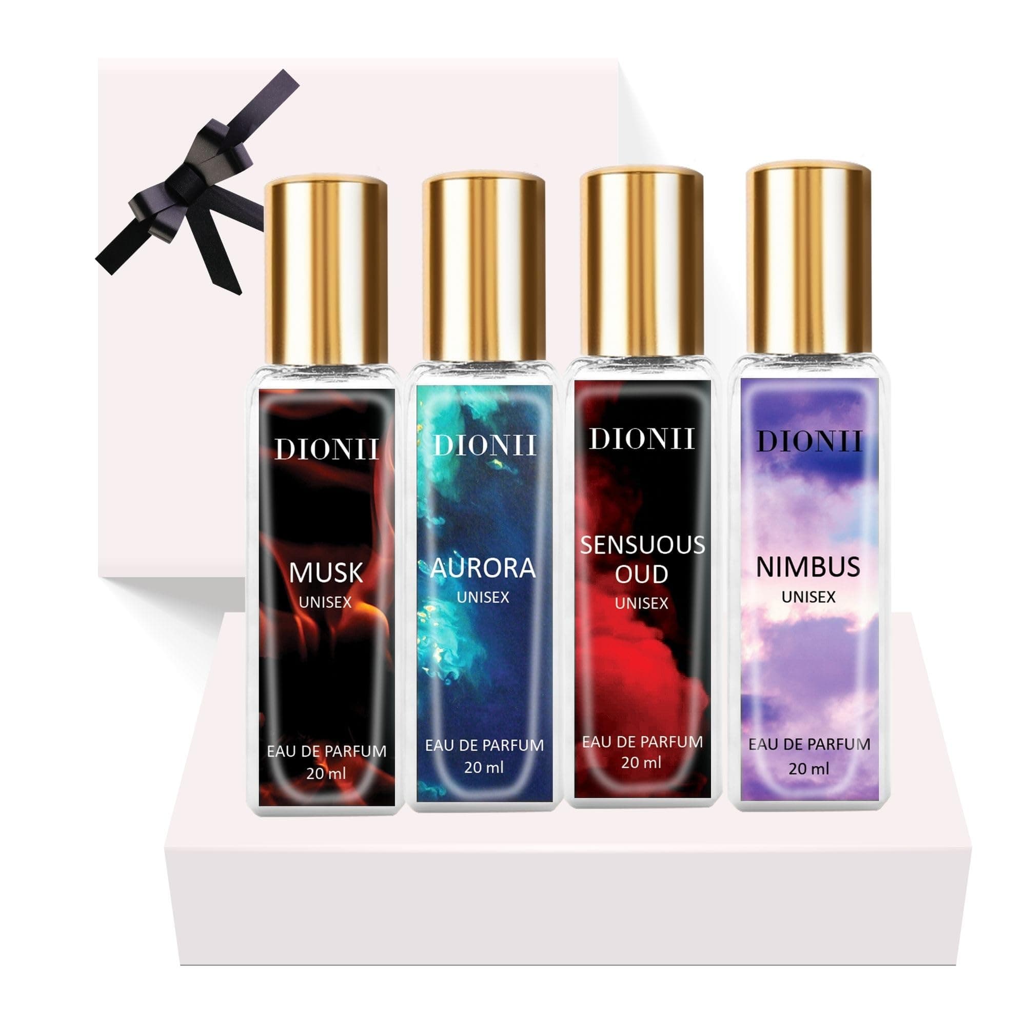 Dionii Eau De Parfum Gift Set for Men and Women | MUSK, AURORA, SENSUOUS OUD, NIMBUS Perfume Set | Long Lasting Fragrance (4 x 20ml Each)
