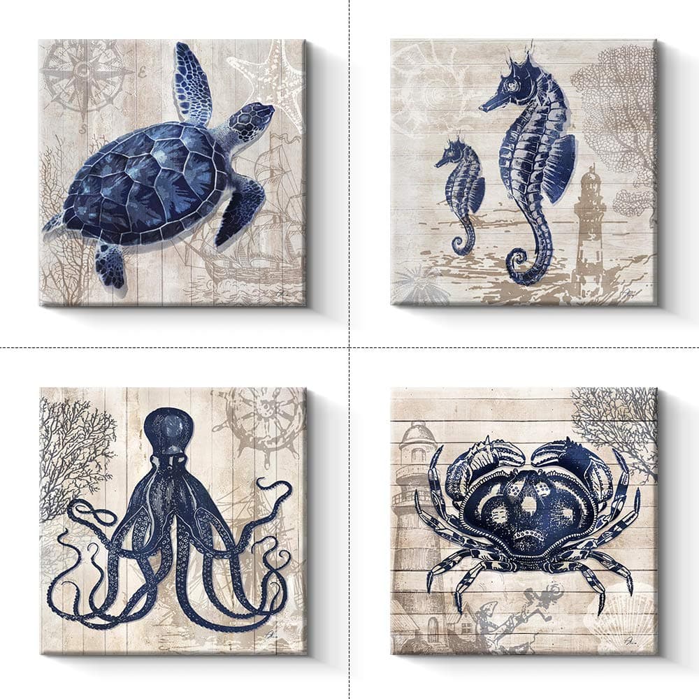 Bathroom Decor 4 panel Canvas Wall Art - Ocean Theme Canvas Prints Sea Animal Octopus Crab SeaTurtle Seahorse Decor Pictures Livingroom Posters - 12 x 12" x 4 pcs (12" x 12" x 4pcs)