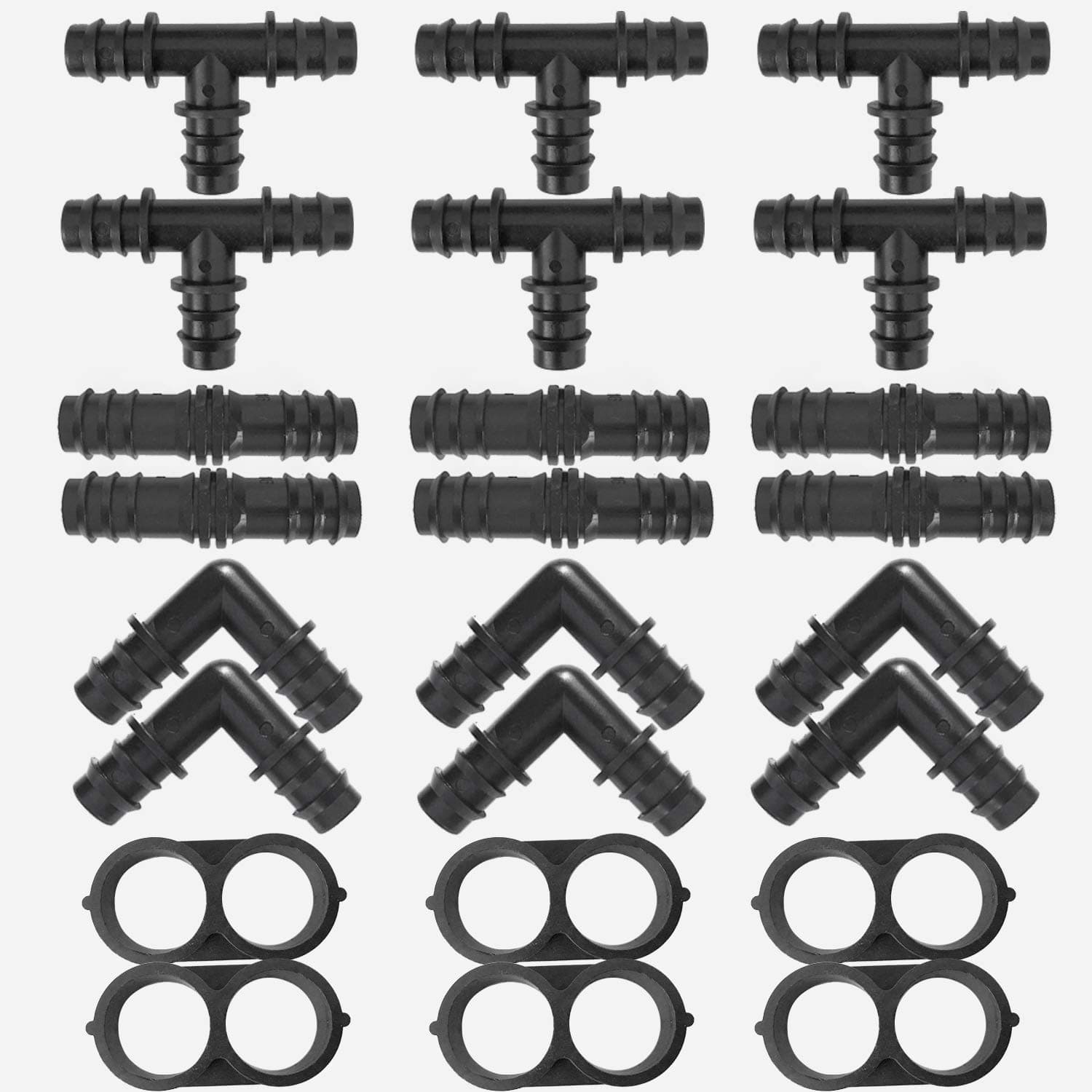 Drip Irrigation Fittings Kit 1/2" Tubing(16mm .520 ID), 24 Piece Set - 6 Tees, 6 Couplings, 6 Elbows, 6 Tubing End Cap Closures - Barbed Connectors and Compatible Drip or Sprinkler Systems