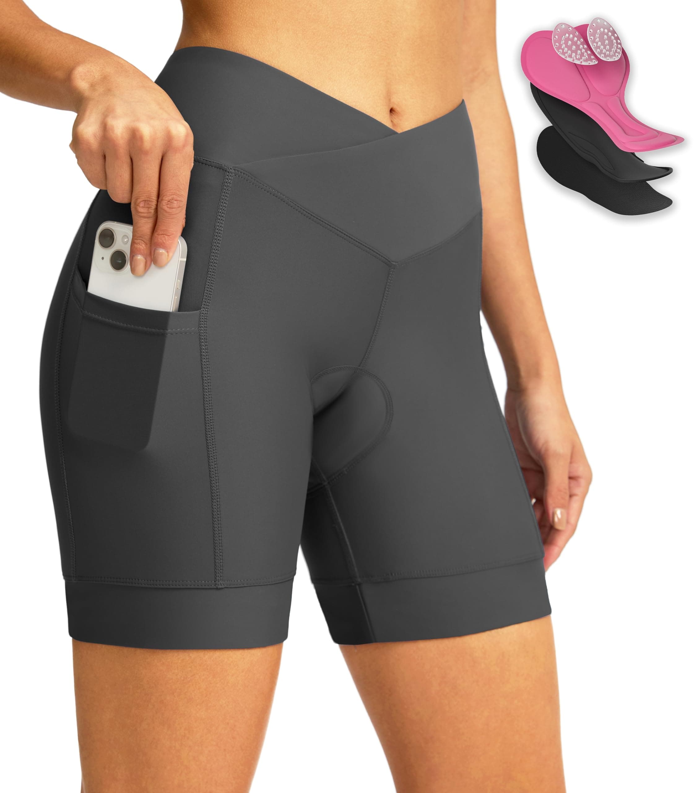 Women's Bike Shorts 4D Padded Cycling Shorts Crossover Waist Biking Shorts with Pockets Bicycle Riding