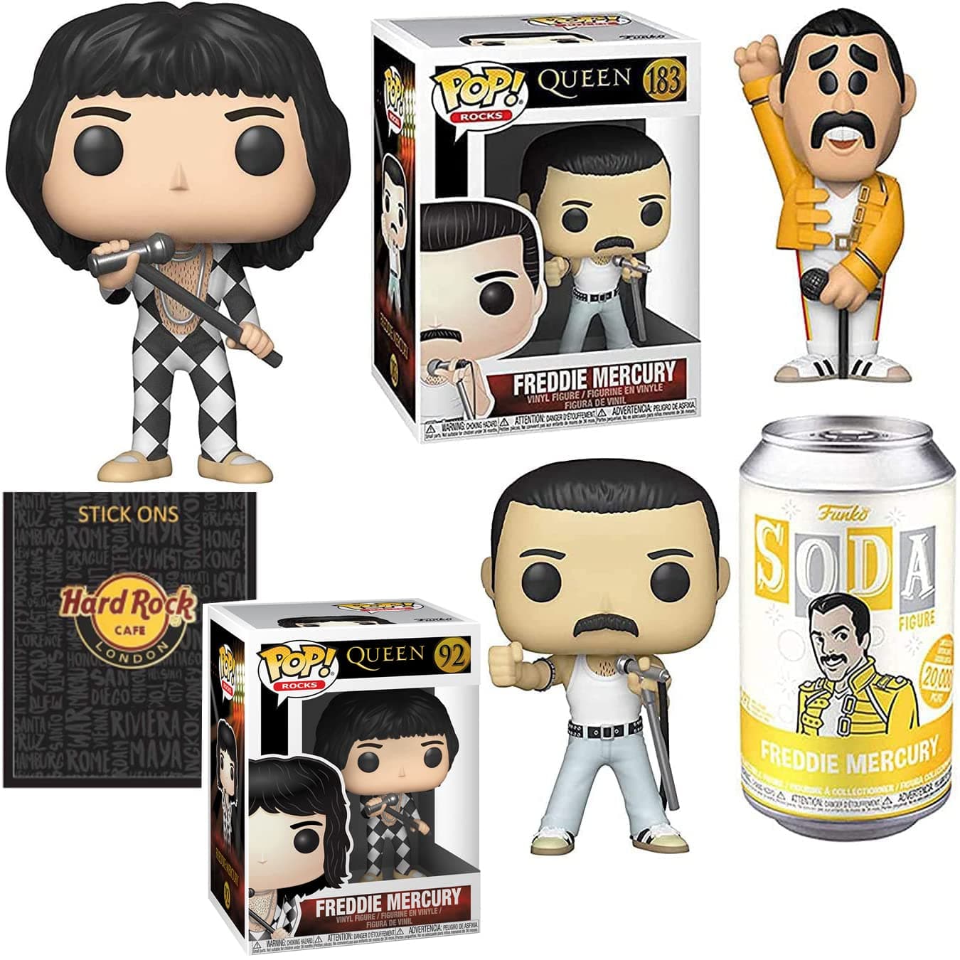 London Mecury Figure Freddy in Tin Soda Can Bundled with Queen Star Pop! Classic Pose + Vinyl Singer Rocks Harlequin + Album Pin Badge Set Collectible 4 Items