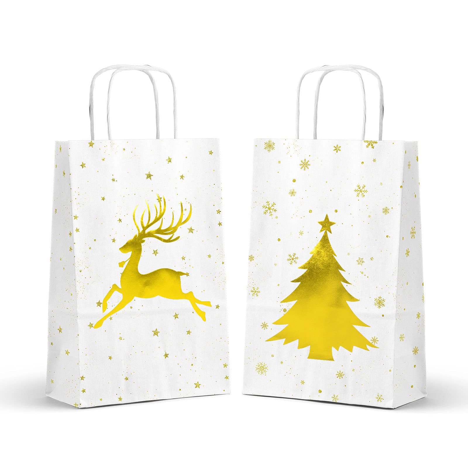 16PCS Christmas Gift Bags Christmas Tree Elk Xmas Bronzing Gold Paper Bags for Holiday Christmas Party Supplies