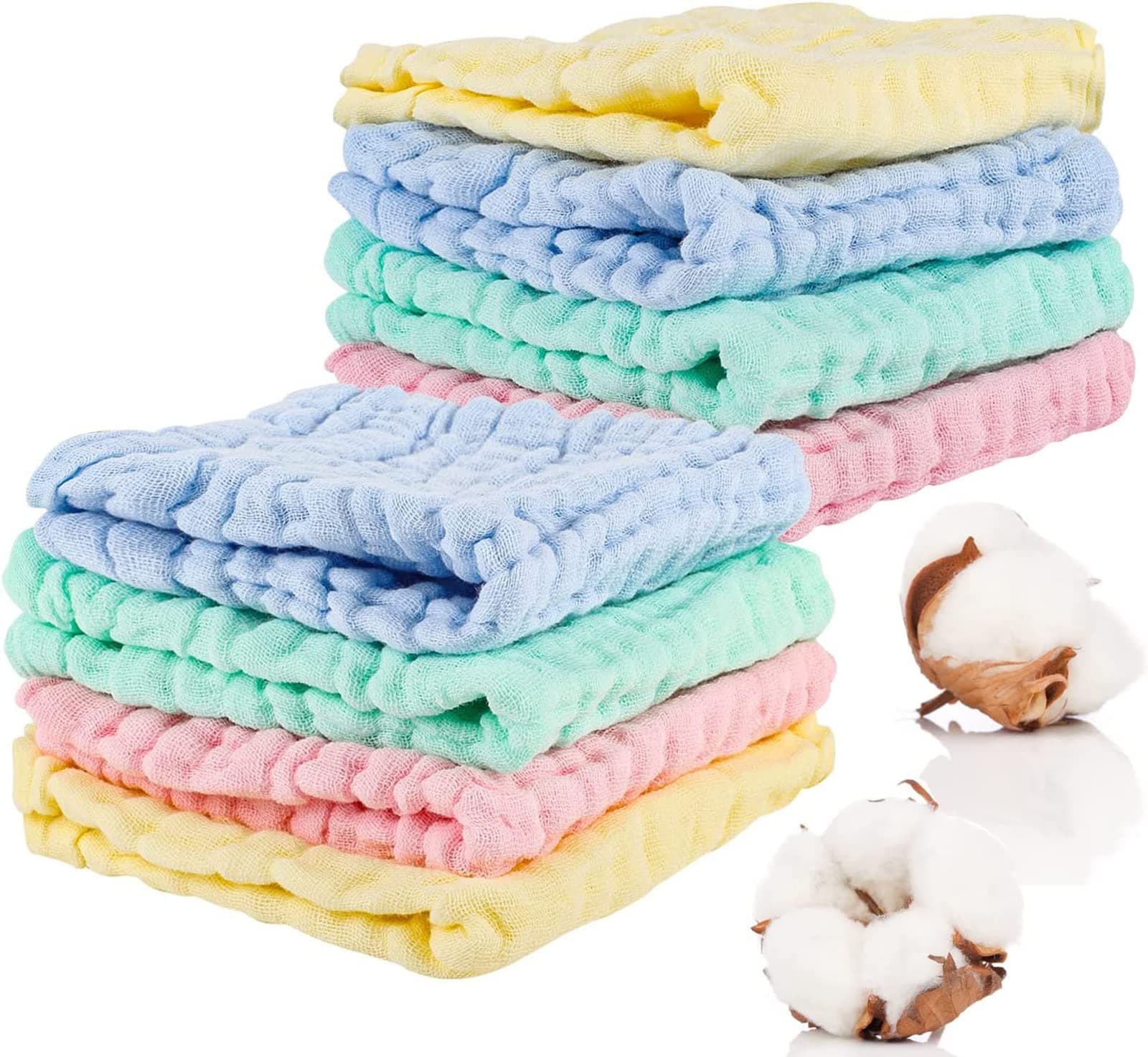 Lanjue 8 Pack Muslin Cloths for Baby, 12x12 Inch Muslin Squares Soft Burp Cloths 6 Layers Cotton Newborn Hand Washcloths Baby Wash Cloths Reusable Baby Towels