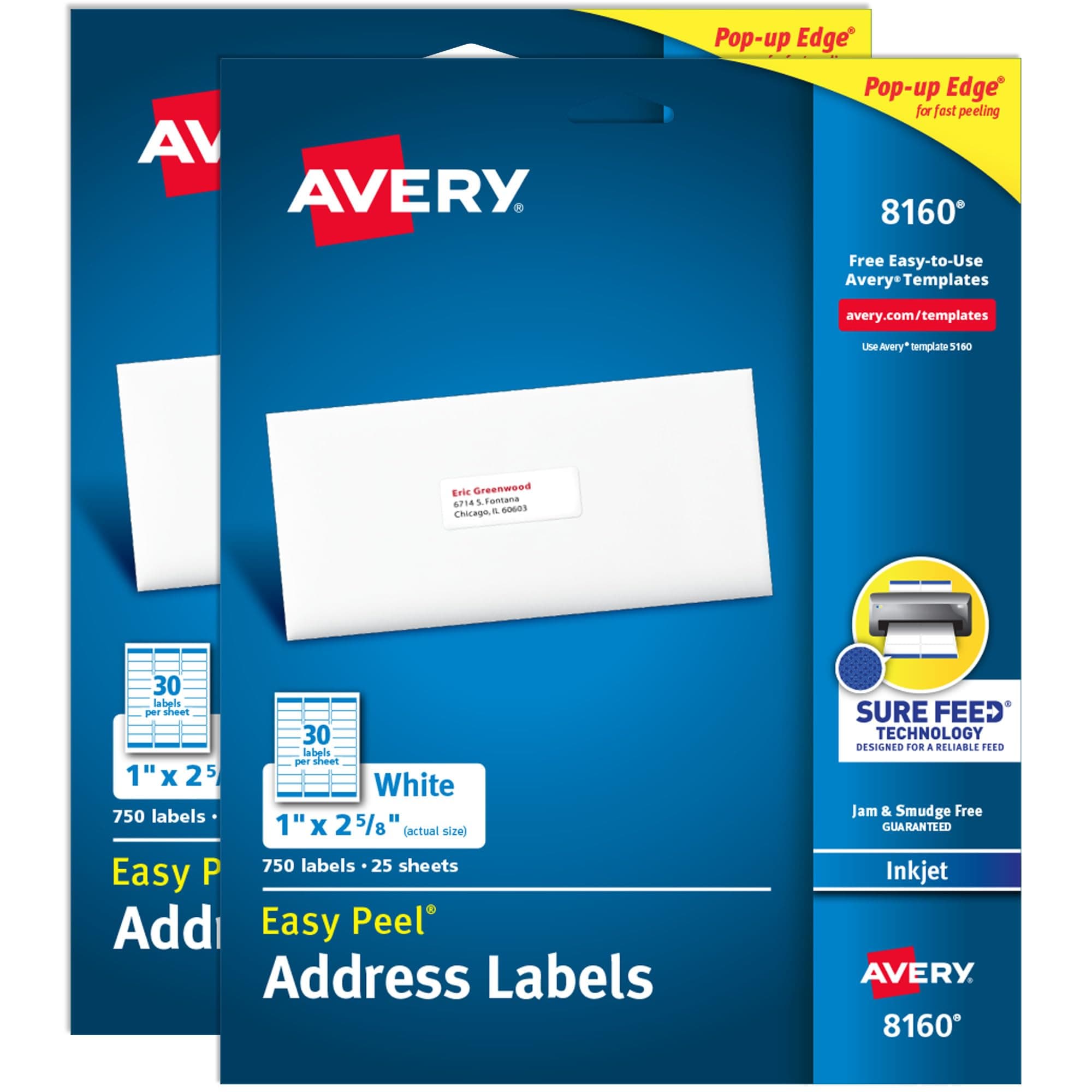 Avery Easy Peel Printable Address Labels with Sure Feed, 1" x 2-5/8" Customizable Stickers, White, 1,500 Blank Mailing Labels, Great for Mailing, Shipping, and More (2-Pack of 08160)