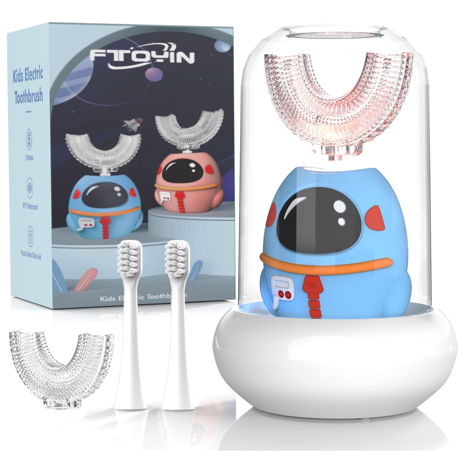 FTOYIN Kids Electric Toothbrush, U Shaped Toothbrush with 4 Brush Heads, Ultrasonic 360° Cleaning, 5 Modes, Smart 45s Timer, IPX7 Waterproof (Ages 2–12)