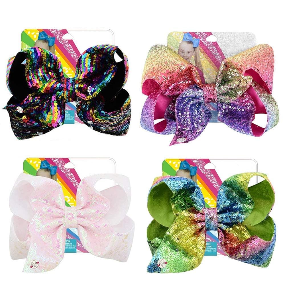 Kalolary 4Pcs/8 inch Glitter Sequin Bows for Girls Gift, Large Hair Bows Alligator Clips Grosgrain Ribbon Hair Barrettes Accessories for Toddler Teens Girls Valentine's Day Holiday Present