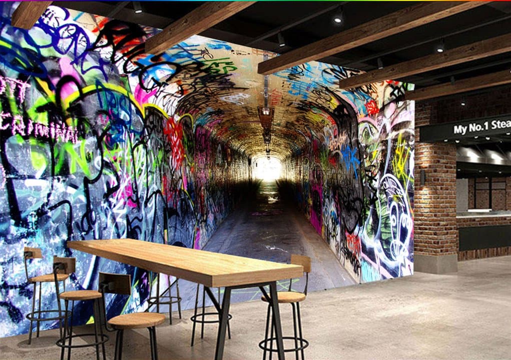Lzhenjiang mural Silk Cloth Wallpaper Wallpaper 3D Time Tunnel Street Graffiti Bar Ktv Restaurant Dessert Shop Wall