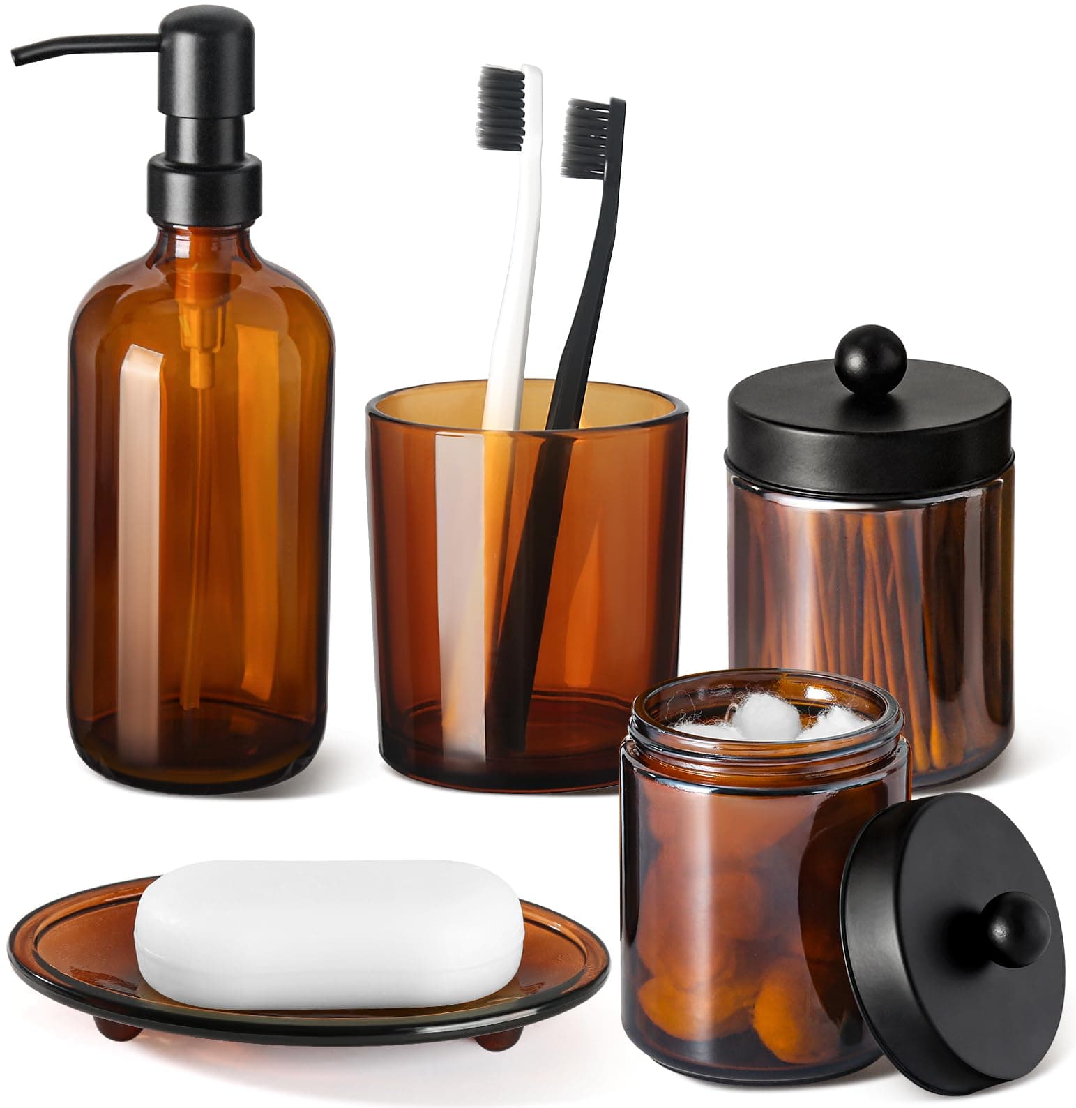 Gmisun Bathroom Accessories Set, 5 Pack Amber Glass Bath Accessory Sets Complete, Brown Soap Dispenser And Toothbrush Holder Counter Sink Set With Labels, Rustic Modern Vintage Decor