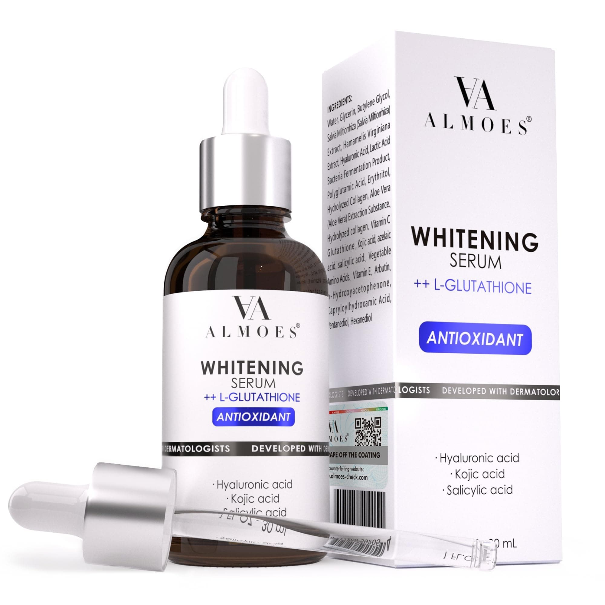 AA almoes L-Glutathione Serum for skin Brightening, Balance skin tone, Improve Elasticity- With Hyaluronic acid, Salicylic acid, Kojic acid, 30ML, Pack Of 1